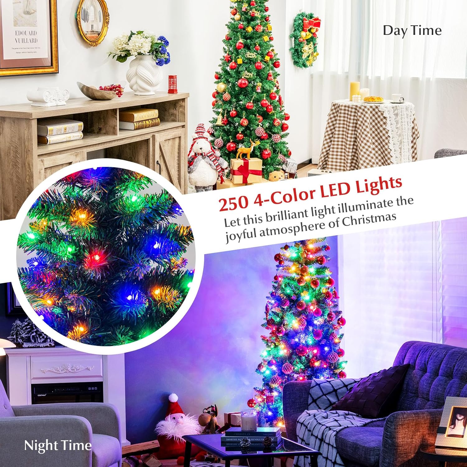 DORTALA Pre-lit Christmas Tree, 6.5FT Pencil Artificial Xmas Tree with 708 PVC Branch Tips, 250 Multi-Colored LED Lights, Folding Metal Stand, Green