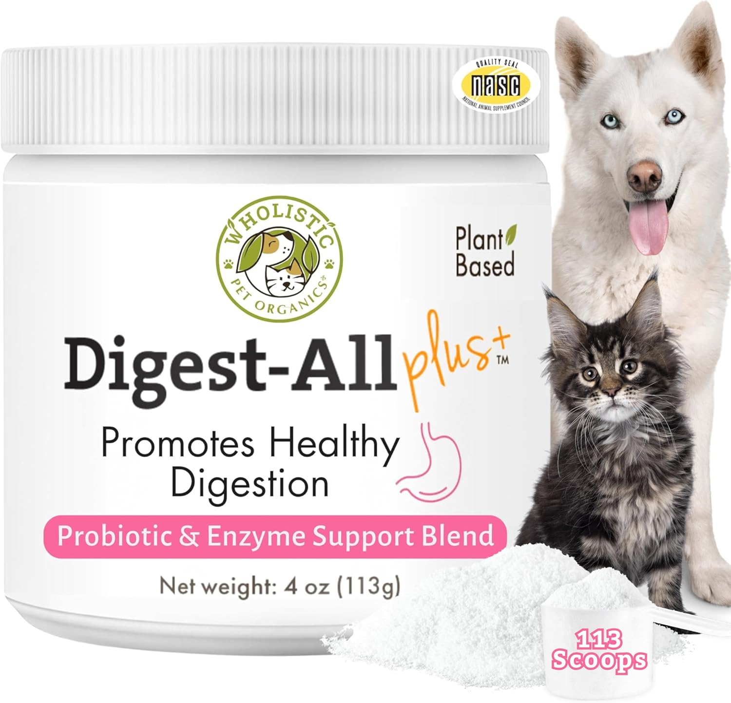 Wholistic Pet Organics Daily Cat & Dog Probiotics for Digestive Health, Anti Diarrhea & Gut Support - Probiotics for Dogs with Digestive Enzymes & Prebiotic Fiber - Cat Probiotic - 4 Oz - 113 Scoops
