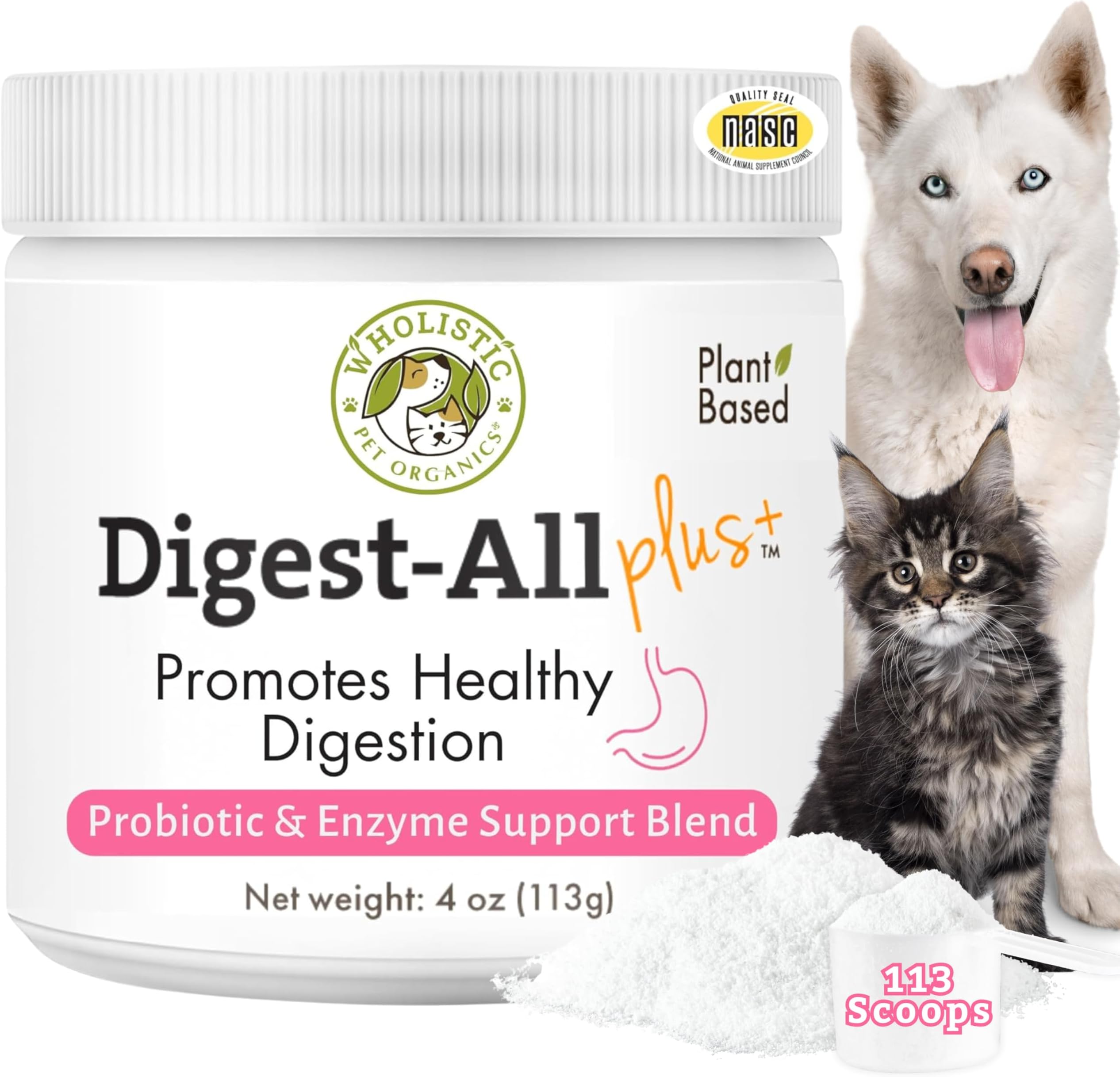 Daily Cat & Dog Probiotics for Digestive Health, Anti Diarrhea & Gut Support - Probiotics for Dogs with Digestive Enzymes & Prebiotic Fiber - Cat Probiotic - 4 Oz - 113 Scoops