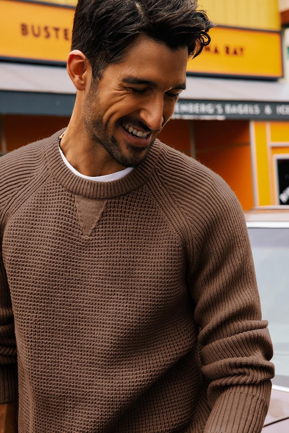 PJ PAUL JONES Mens Crewneck Sweater Waffle Knitted Pullover Sweaters Raglan Sleeve Knitwear Sweaters - Image 2