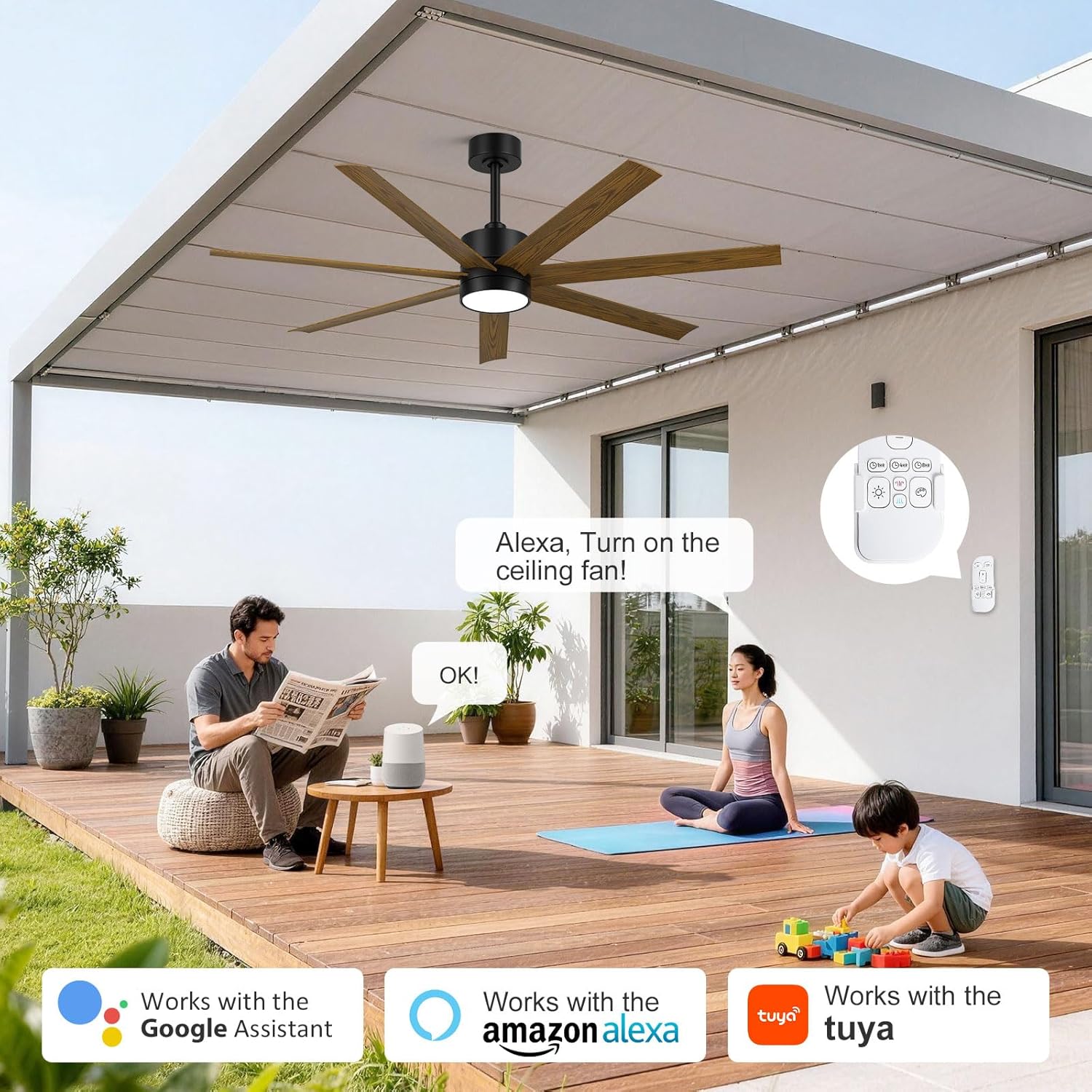 56 Inch Wet-Rated Outdoor Ceiling Fan with light, All-Weather High CFM 7-Blade Waterproof Fan, Smart Alexa/App/Remote Control, Quiet DC Motor & UV Coating for patios, Gazebo, Pergola, Shop, Exterior