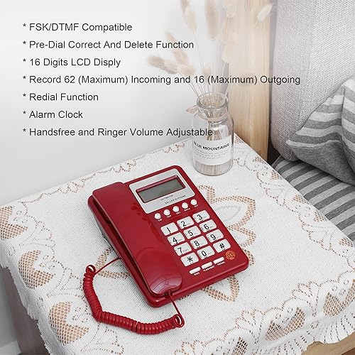 Miniatura 2 de KXT8001 Teléfono estándar con cable, teléfono fijo rojo con pantalla LCD, teléfono de escritorio para oficina en casa escuela hotel, teléfonos fijos