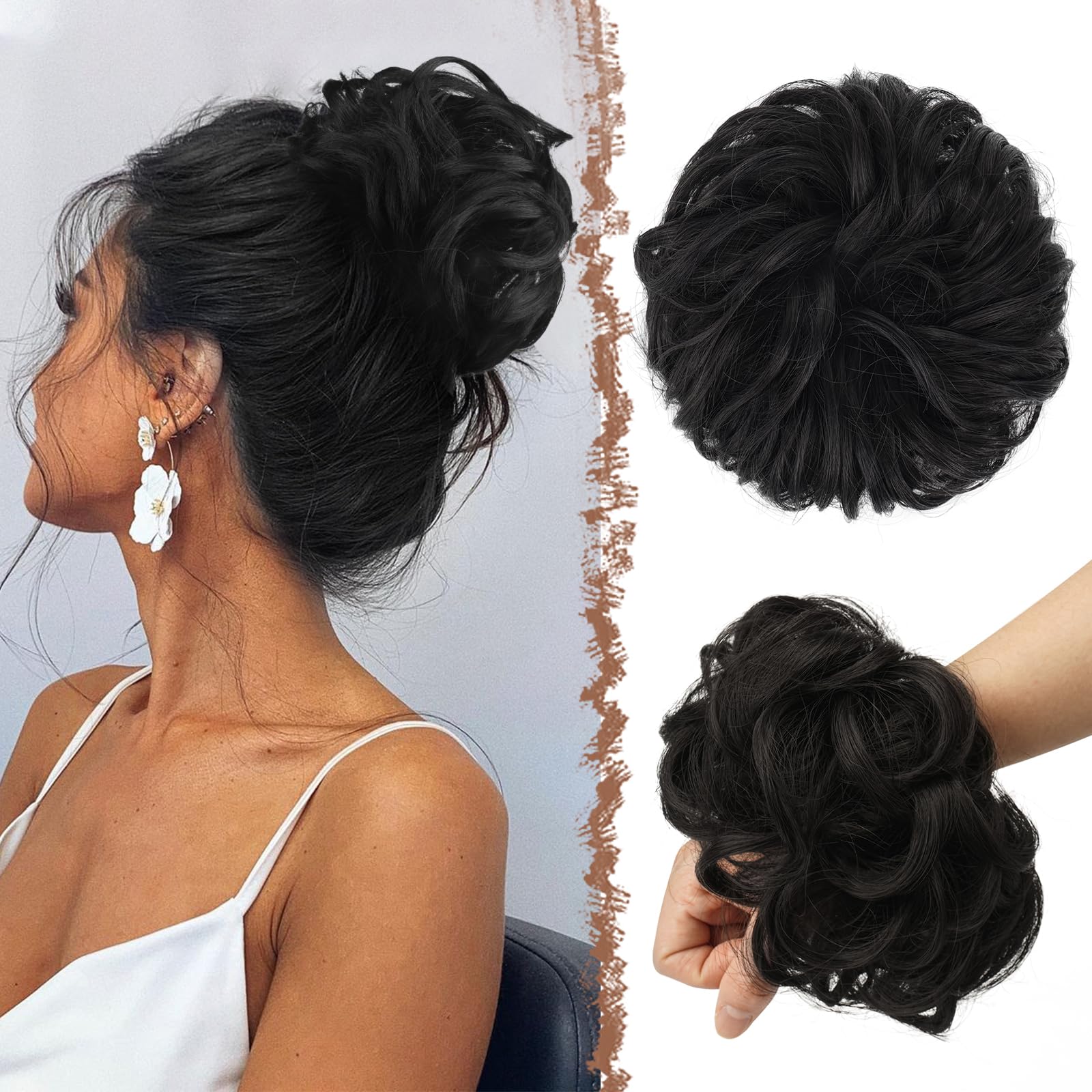 FESHFEN Messy Bun Hair Pieces - Large Wavy Curly Elastic Hair Bun Scrunchies Ponytail Extensions Synthetic Chignon Hairpieces for Women, Natural Black 1.94oz