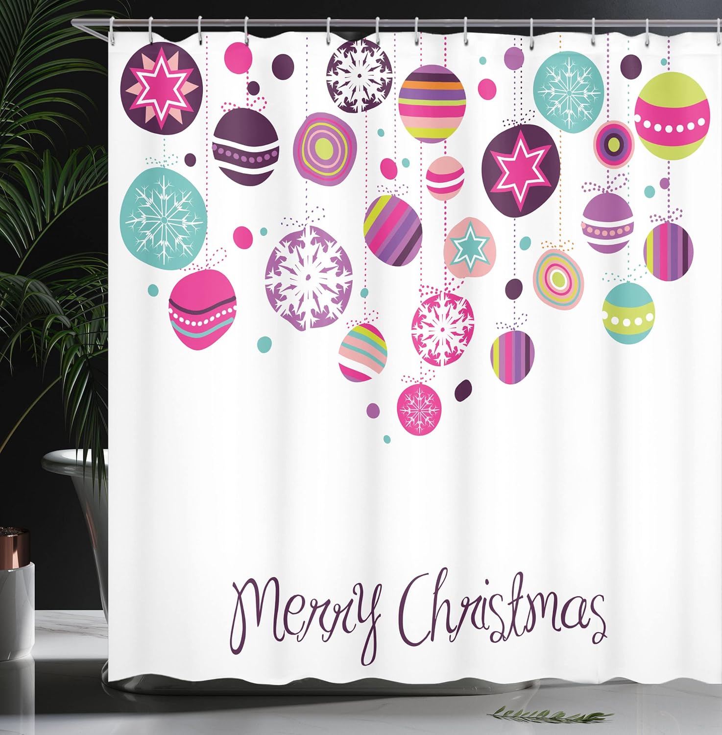 Ambesonne Christmas Shower Curtain, Colorful Graphic Baubles with Retro Snowflake Ornaments Celebration Hand Writing, Cloth Fabric Bathroom Decor Set with Hooks, 69" W x 70" L, Pastel Magenta