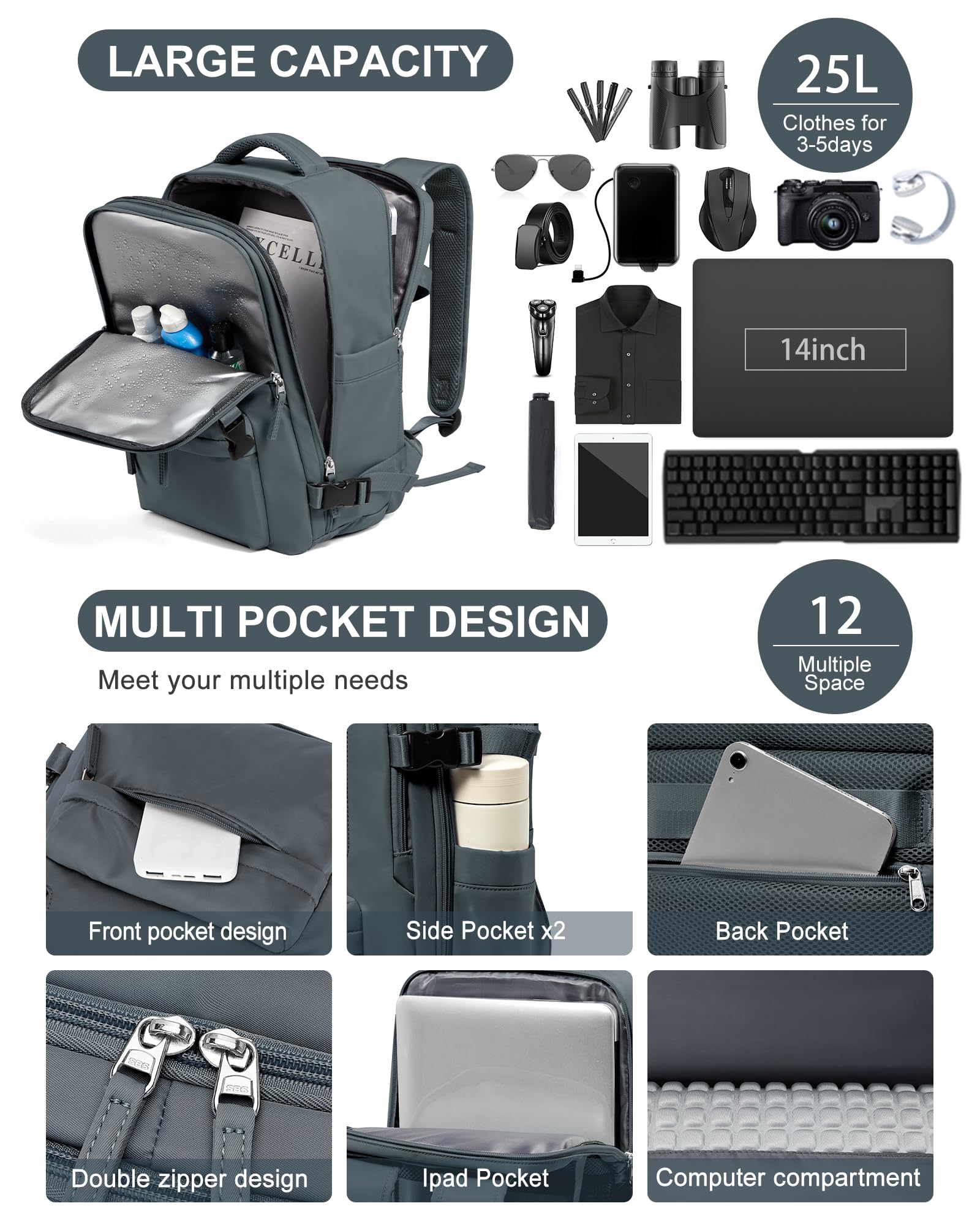 Borse da Cabina per Ryanair 40x20x25 Bagaglio a Mano Zaino Borsa Zaino da Viaggio, Zaino da trekking,da uomo, zaino casual per laptop da 14 pollici per scuola con porta di USB