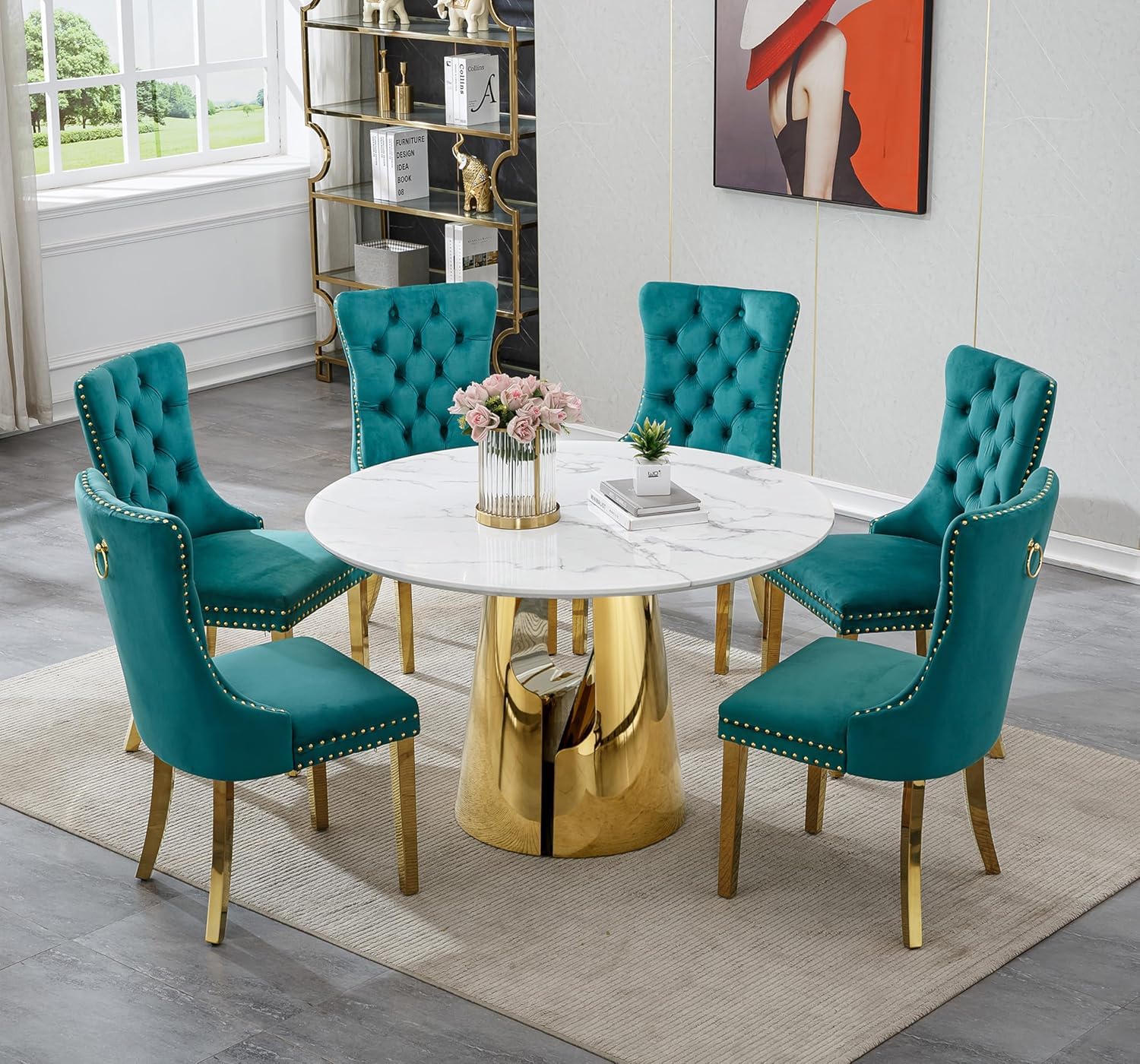 7-Piece Round Dining Table Set for 6, Modern Faux Marble Kitchen Table and Green Velvet Chairs Set of 6, Luxury 45" Circle White Gold Dining Room Tables with Stainless Steel Base