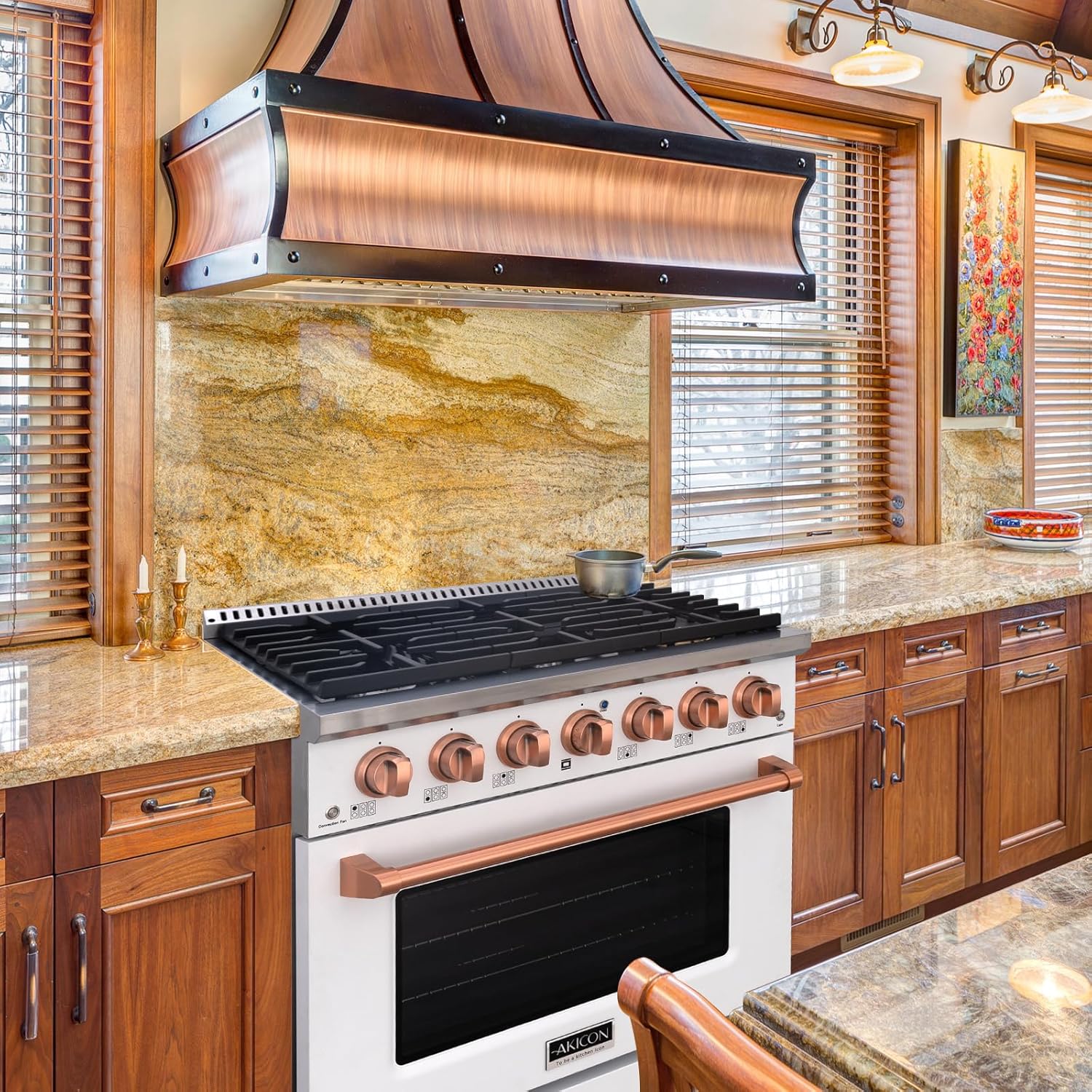 Akicon 36" Slide-in Freestanding Professional Style Gas Range with 5.2 Cu. Ft. Oven, 6 Burners, Convection Fan, Cast Iron Grates, & Blue Porcelain Oven Interior, In White with Copper