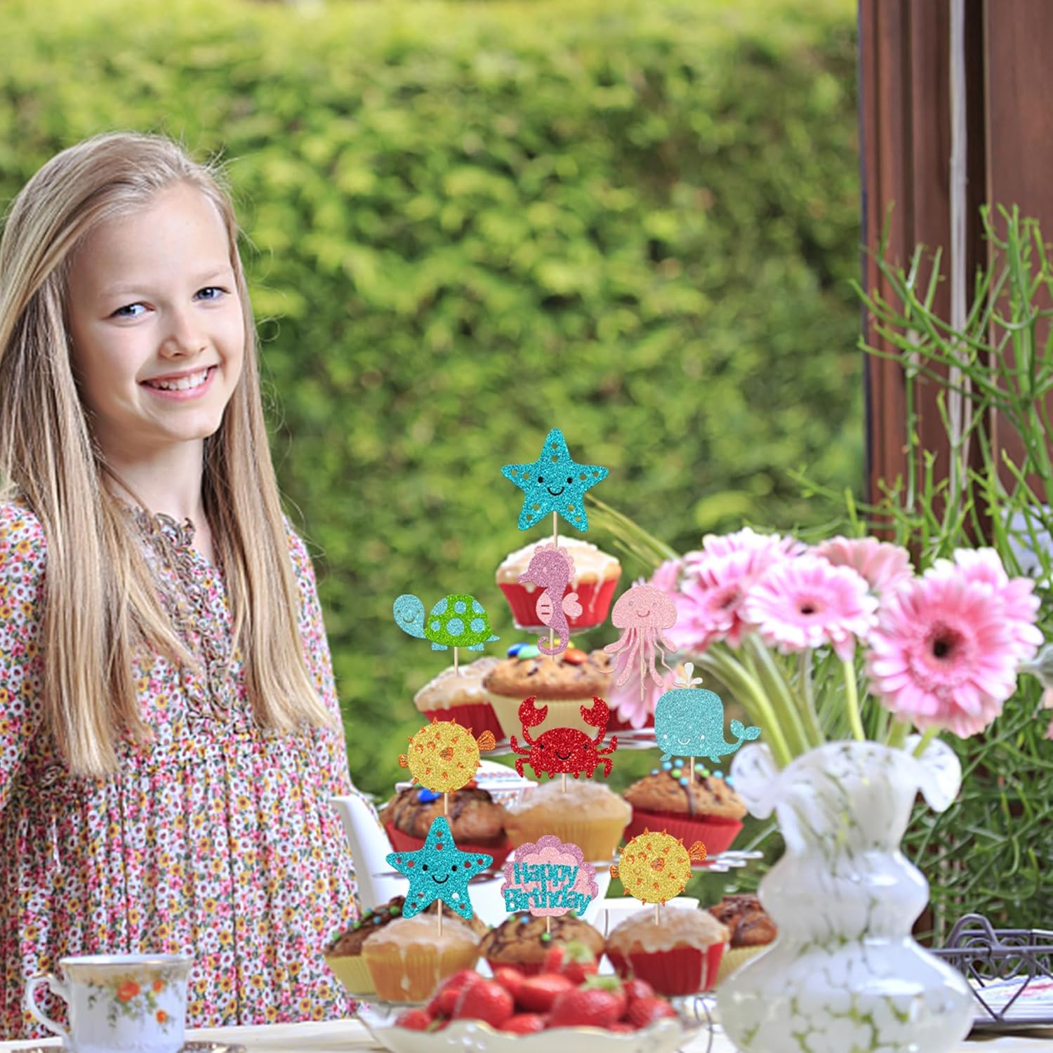 Rsstarxi 24 Pack Under the Sea Animals Cupcake Toppers Whale Turtle Starfish Jellyfish Cupcake Picks for Summer Beach Theme Baby Shower Boys Girls Birthday Party Cake Decorations Pink - Image 6