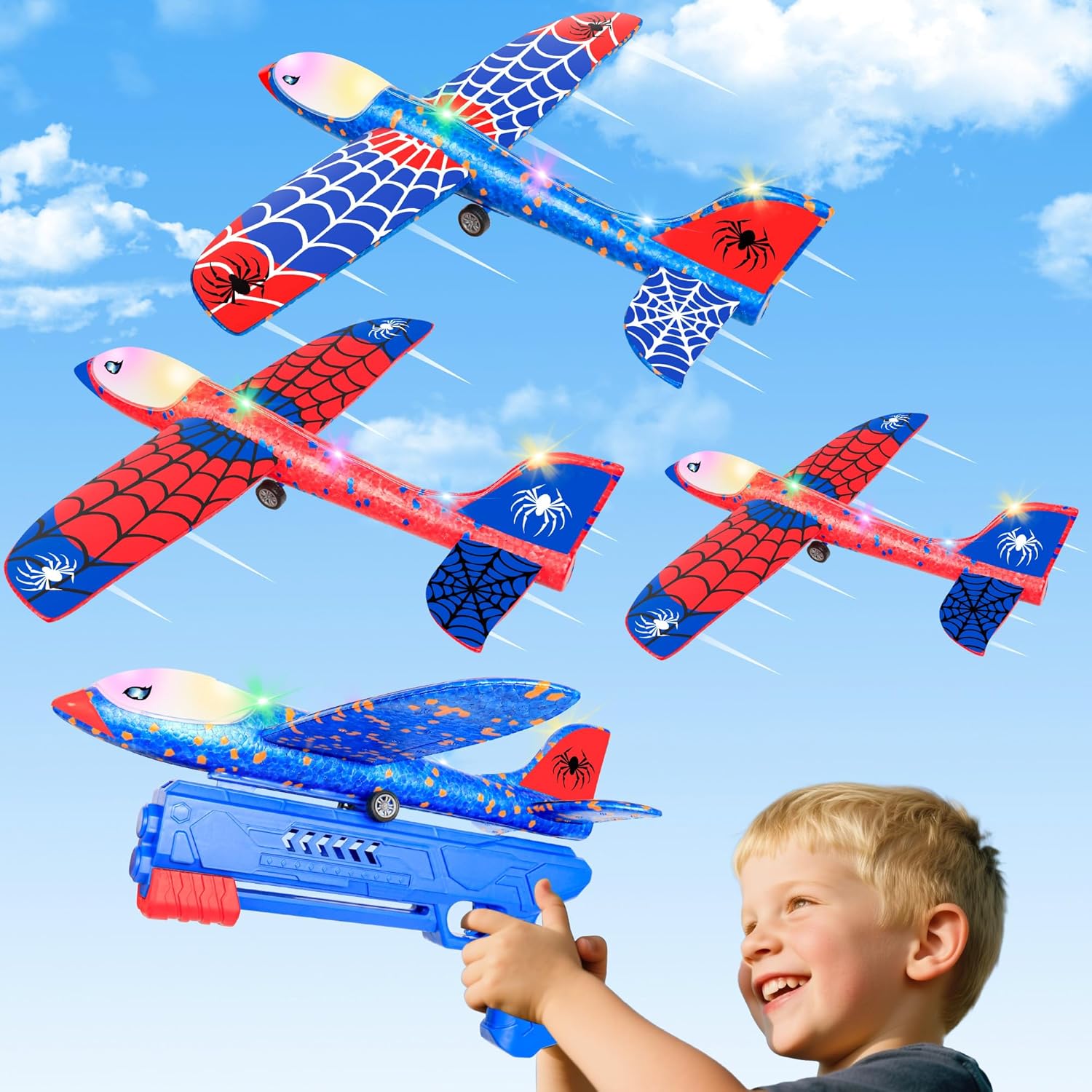 3 Pack Airplane Launcher Toys,12.6" LED Foam Glider Plane,Outdoor Flying Toys Holiday and Birthday Gifts for Kids Ages 4-12