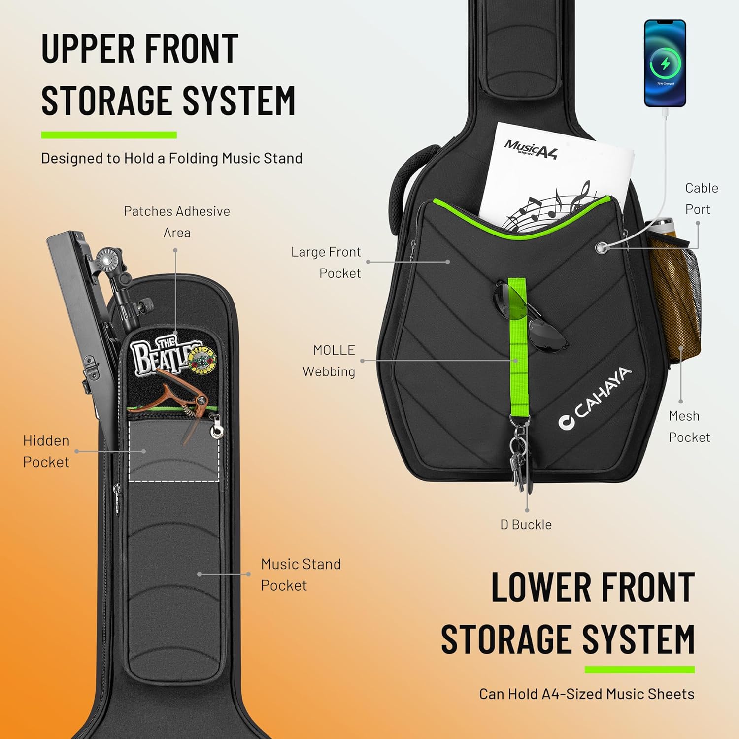 CAHAYA Guitar Case Acoustic Soft - 0.47in Thick Padding 5 Pockets Guitar Gig Bag with Adjustable Shoulder Strap Compatible with 40 41 42in Acoustic Guitars