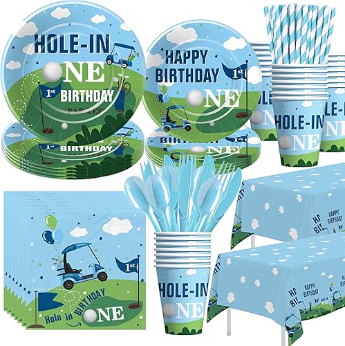 Xigejob Suministros para fiesta de primer cumpleaños de golf, vajilla con agujero en uno para decoración de cumpleaños, plato, taza, servilleta,