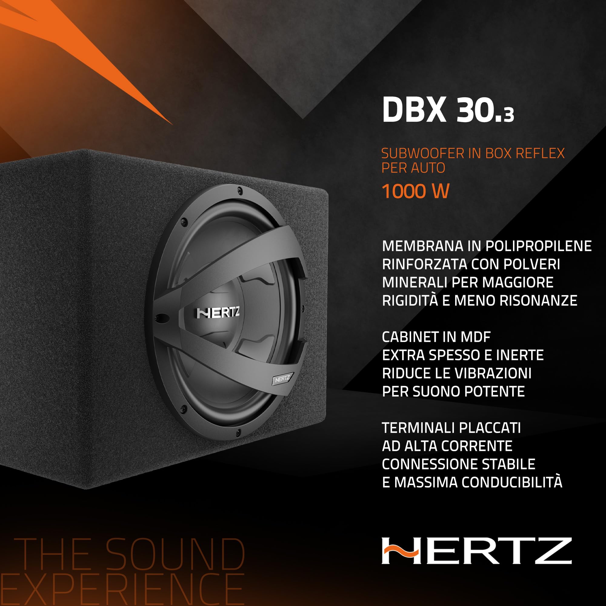 Hertz DBX 30.3 - Subwoofer da 300 mm in box reflex, progettato per bassi profondi e dinamici, potenza massima 1000W
