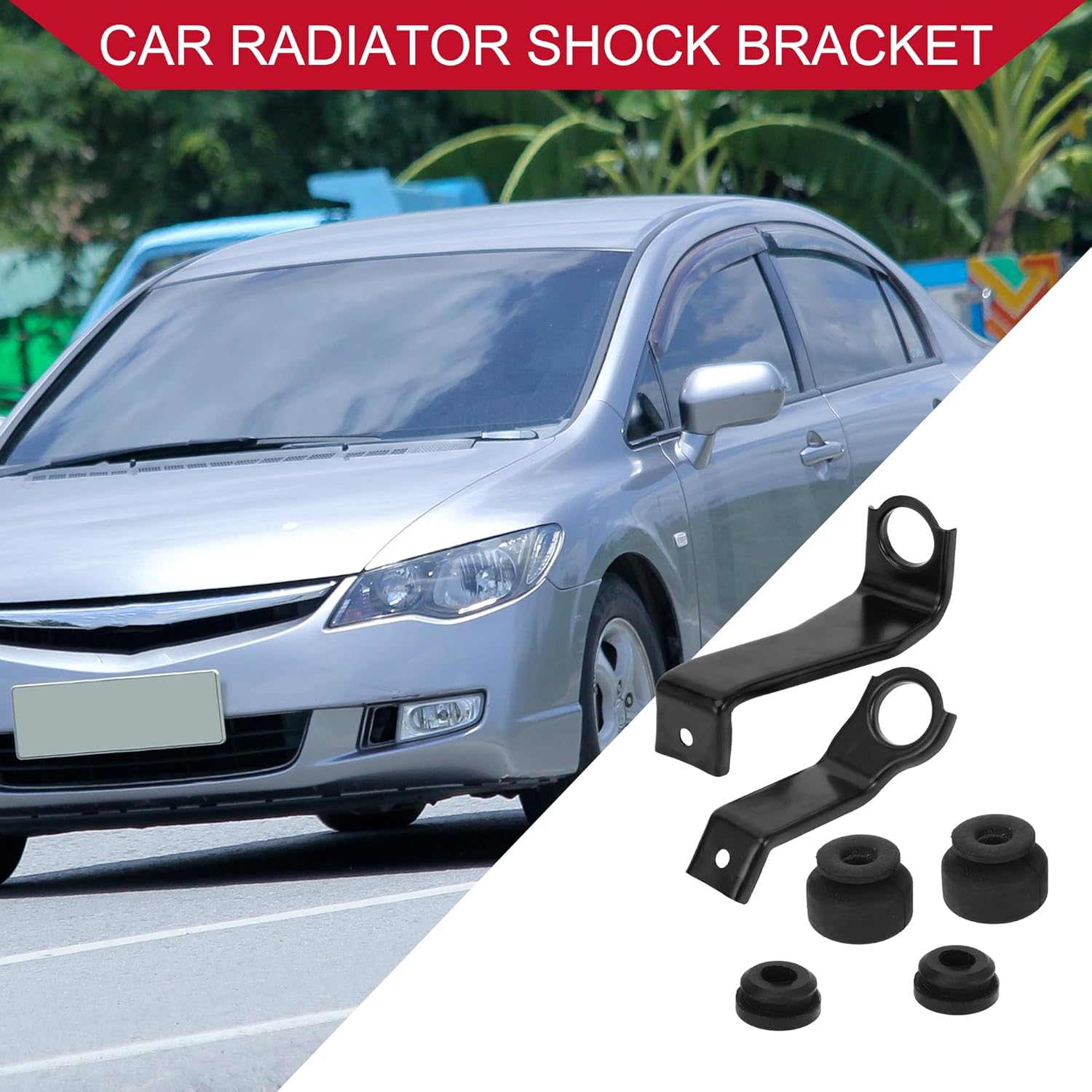 No.197015AAA00/197025AAA00 Intercooler Bracket Stay & Bushing Upper Lower for Honda Civic 2016-2021 / Left Right Car Radiator Shock Bracket / Durable Iron Rubber / 1 Set Black