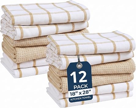 LANE LINEN Kitchen Towels & Dishcloths Set of 12-100% Cotton, Quick-Drying 18 x 28 Absorbent Dish & Tea Towels, Soft Hand Towels for Kitchen - Beige