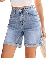 Vetinee Women's High Waisted Jean Shorts - Stretchy Fold Hem Denim Jorts, 7 Inch Inseam Mid Thigh Casual Summer Shorts