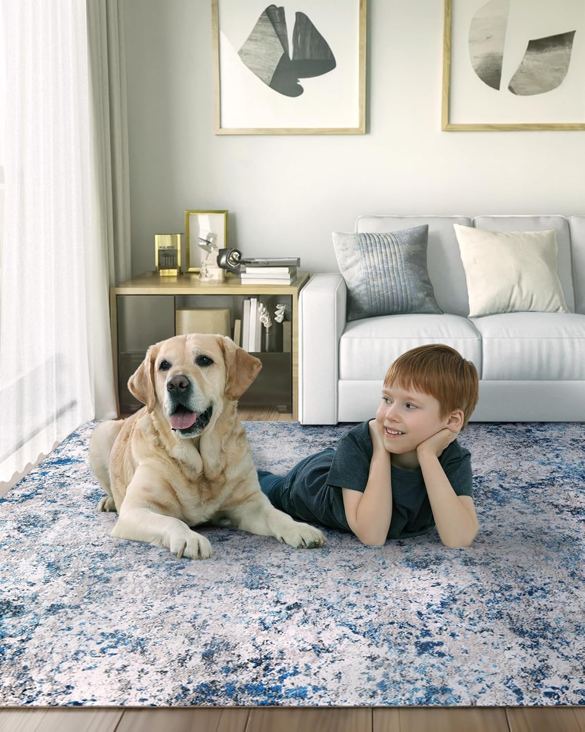 Washable Area Rug for Living Room: 8x10 Modern Abstract Neutral Soft Rug for Bedroom Dining Room No Slip Low Pile Carpet for Nursery Home Office - Grey/Blue