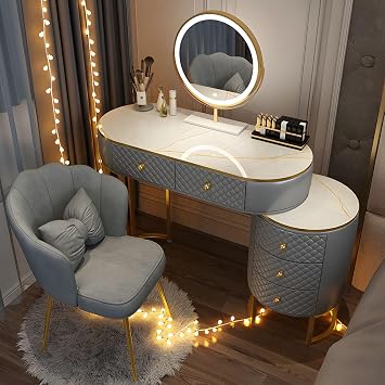 Vanity Set, Modern Vanity Table with Smooth Rock Plate Countertop, Luxurious Dressing Table with Metal Support Legs and LED Smart Mirror, Includes Makeup Chair and Side Cabinet Drawers Grey,40"