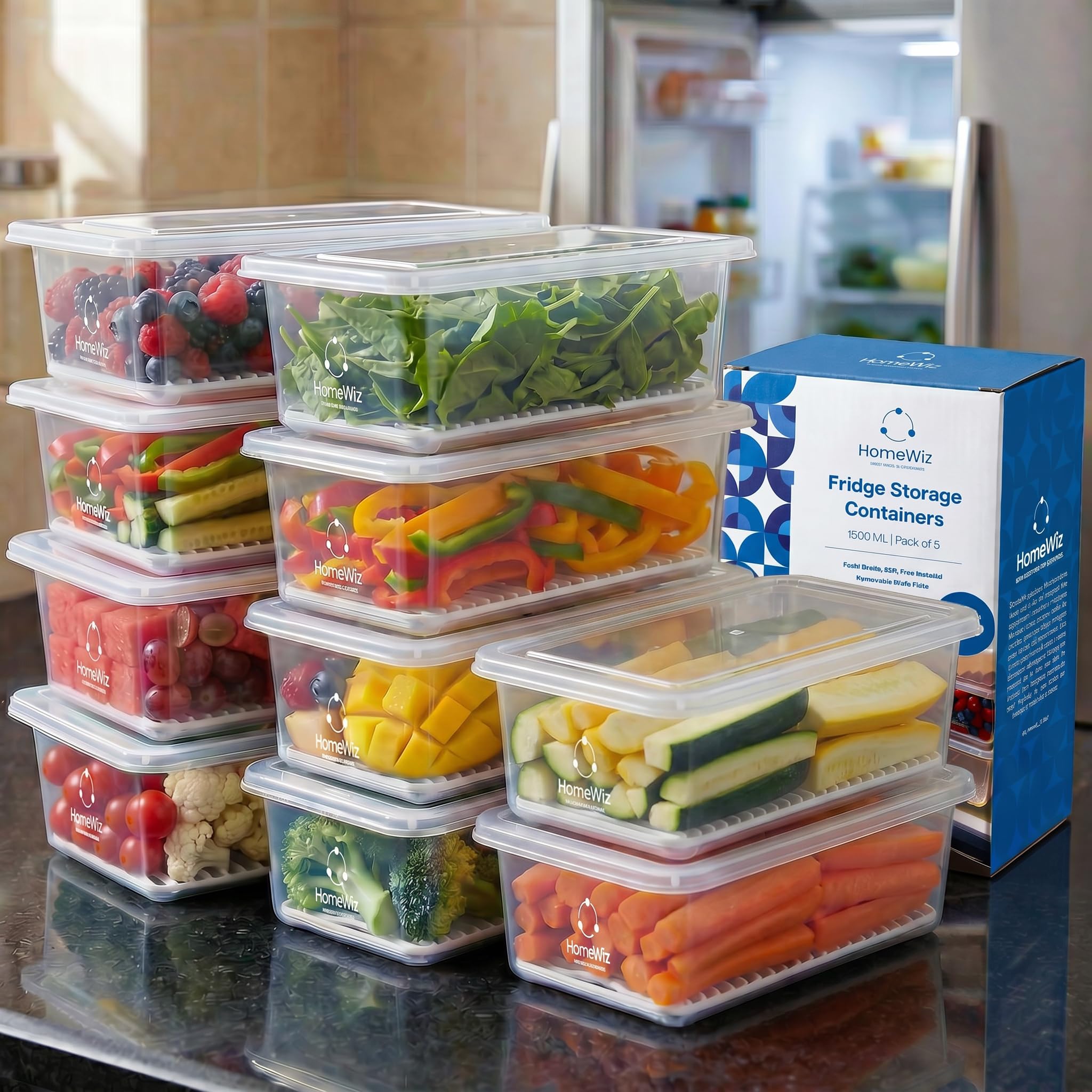 HomeWiz Fridge Storage Containers 1500ml x10|Air Tight Storage Container Set with Removable Drain Plate|Fridge Organiser Storage Boxes|Food Grade Plastic Containers, Stackable for Fruits & Vegetables