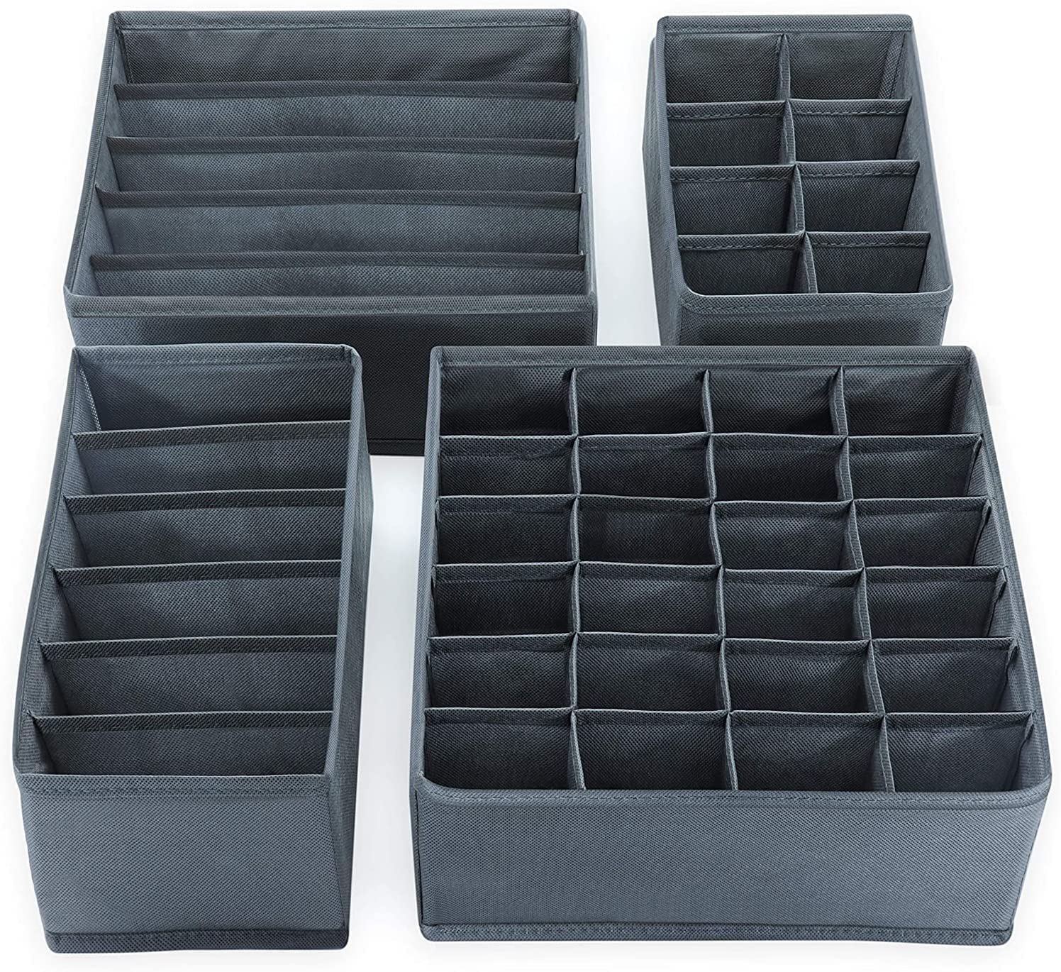 ZYURetaily 4 Pcs clothes storage organizer | Foldable Fabric Dresser Storage Box for Bras Socks Ties Lingerie Scarves Underwear | Multi style Wardrobe Organizer for Space Saving l Grey