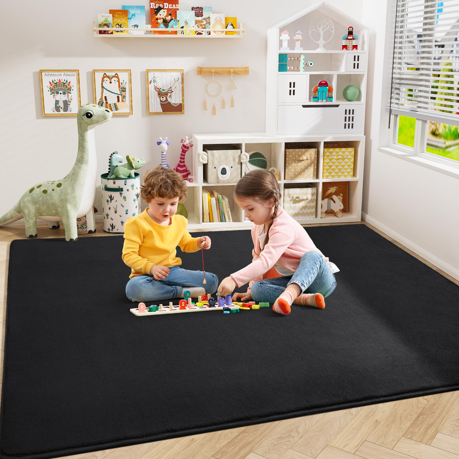 Alfombras modernas para dormitorio, sala de estar, alfombra negra de espuma viscoelástica gruesa de 4 x 6 pies, alfombra mullida y lavable para interiores, antideslizante, alfombra minimalista 6