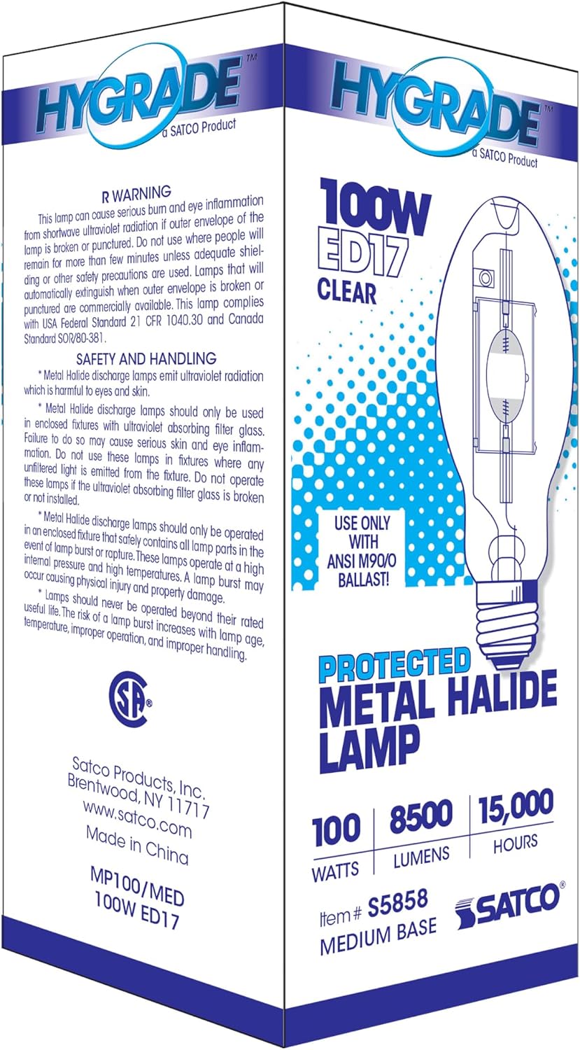 Satco S5858 100W Metal Halide HID Lamp, Pulse Start, 4000K Cool White, 9500 Lumens, Clear, Medium Base, ED17, 360 Degree Beam Angle, 10000 Rated Hours, Rated for Enclosed Fixtures (6 Pack)