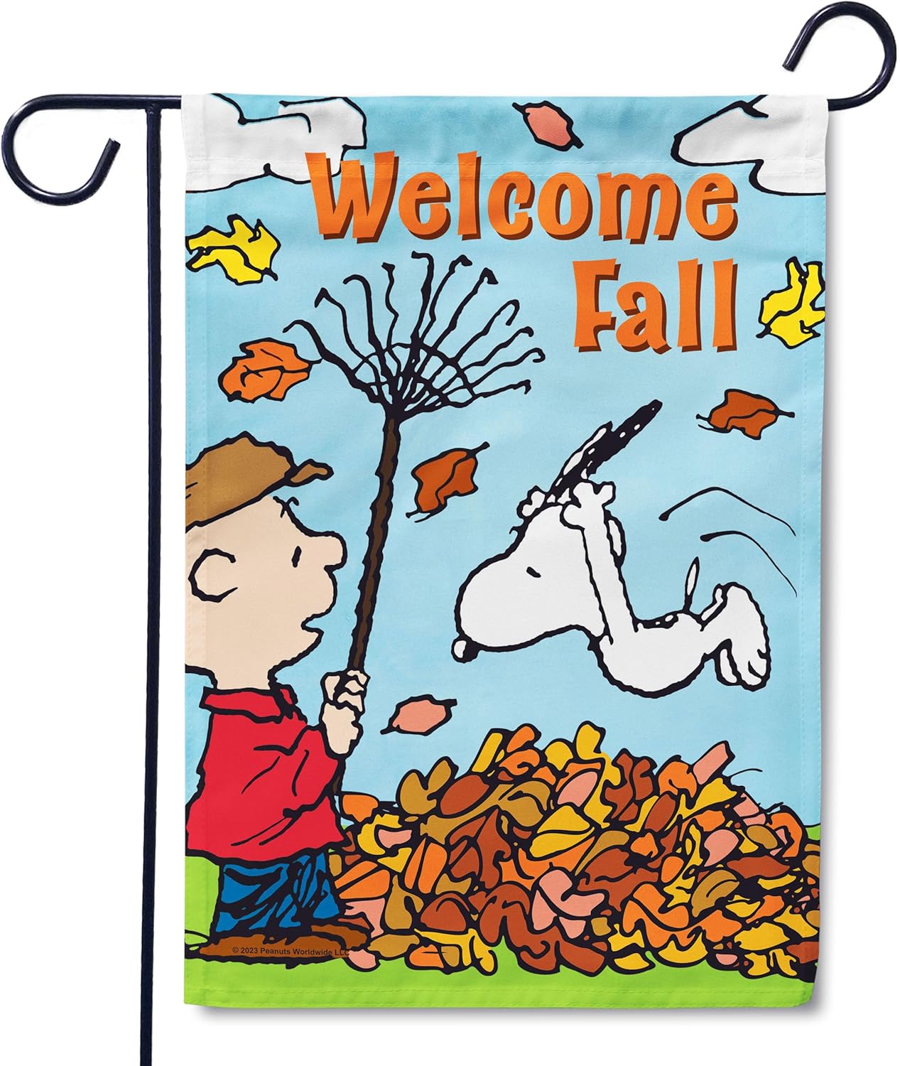 Flagology, PEANUTS® Fall Leaf Pile Plunge – Garden Flag 12" x 18", Outdoor Flag, Exclusive Premium Fabric, Officially Licensed PEANUTS®, Fall, Autumn