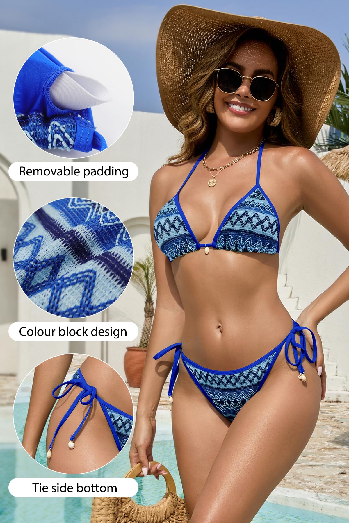 SHEKINI Bikini a triangolo, da donna, con allacciatura al collo, bikini regolabile, con lacci laterali, costume da bagno in due pezzi