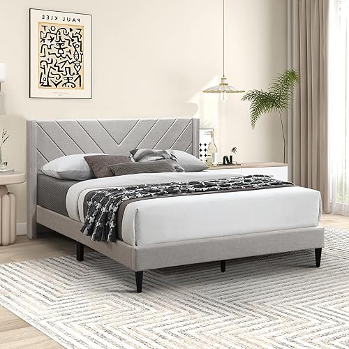 LUCKYERMORE Base de cama tamaño Queen tapizada con cabecera con respaldo de ala, base de colchón de tamaño matrimonial con soporte de listones de