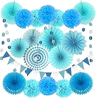 Vista 15 de ZERODECO - Decoración de fiesta, 21 piezas de abanicos de papel amarillo colgantes, pompones, flores, guirnaldas, tiras de lunares y banderines