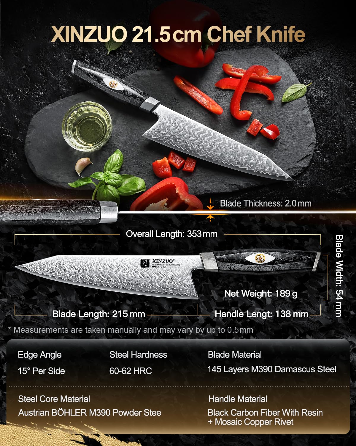 XINZUO 21,5cm Coltello da Cuoco Acciaio Damasco a 145 Strati Forgiato a Mano Professionale Coltello da Chef da Cucina -Acciaio in Polvere M390 Austriaco -Manico in Resina di Fibra di Carbonio Nera