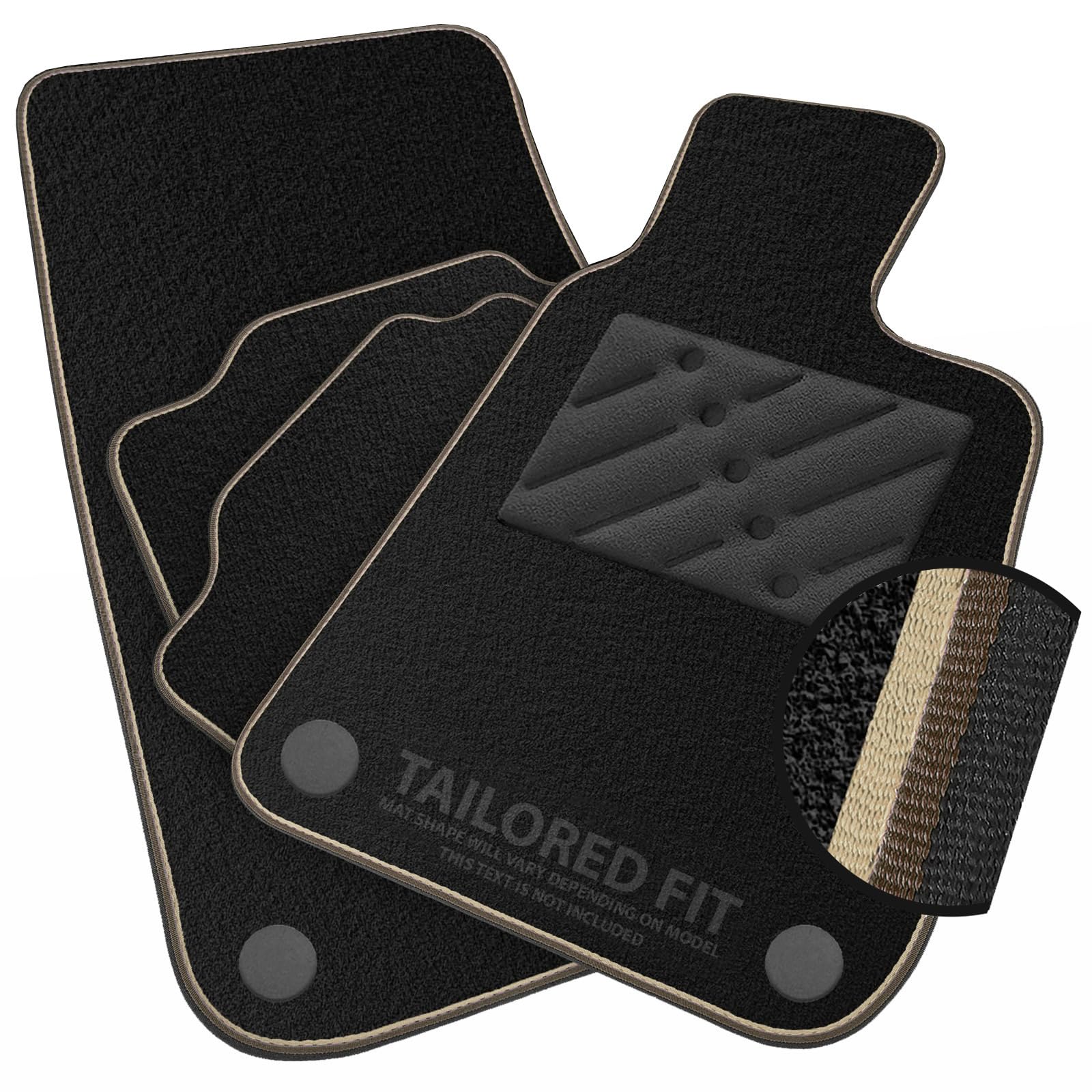 Car Mats to fit Volkswagen Touareg (2nd gen) (2010-2018) Black Carpet with Brown & Cream Trim & Black Rectangle Heel Pad [1314]