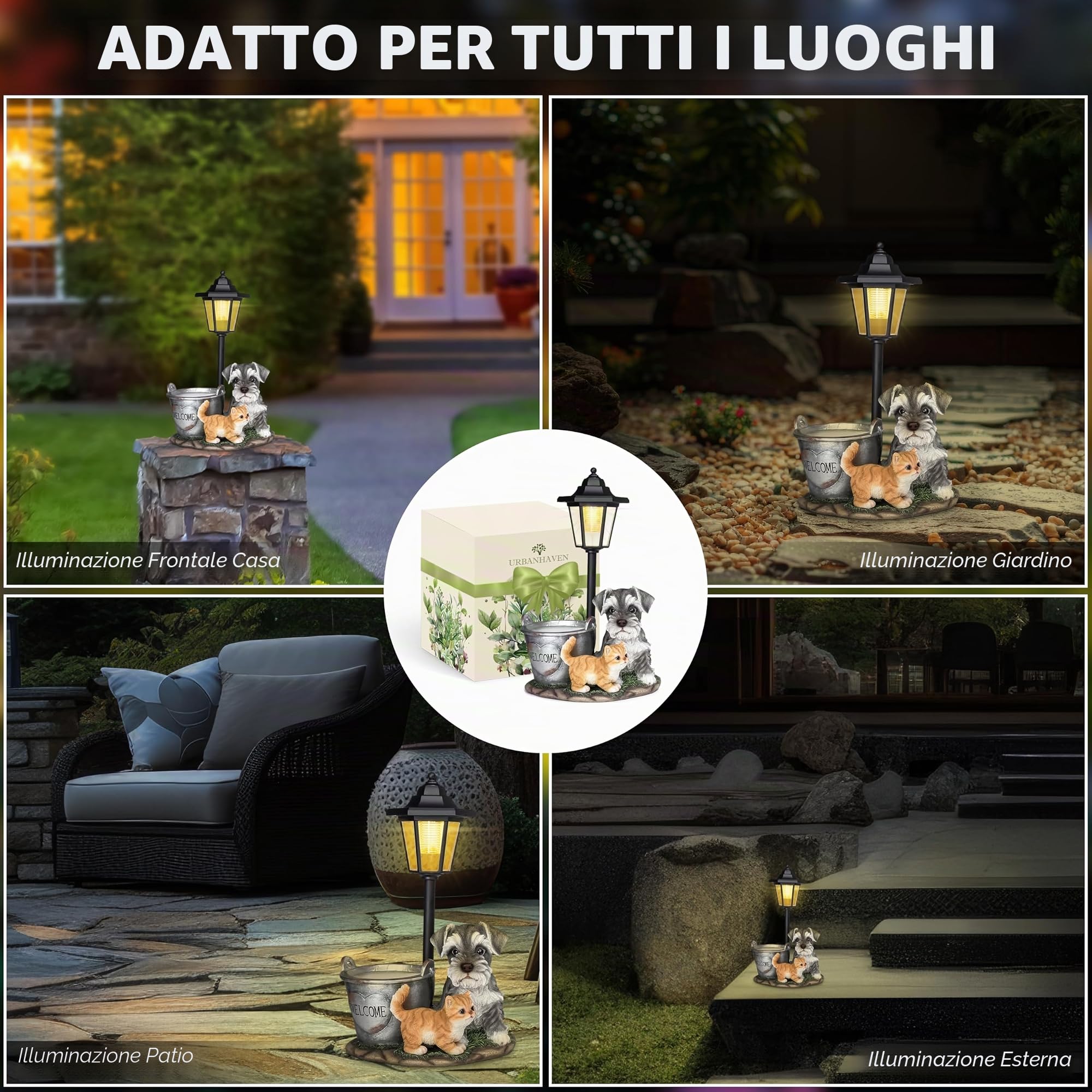 UrbanHaven Lanterna solare per esterni a forma di cane e gatto, ornamenti da giardino in resina con luce solare | Luci da giardino e regali con confezione regalo