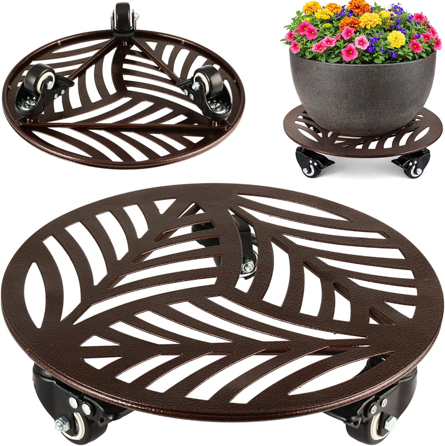 1-Pack Large Metal Plant Caddy with 3 Wheels 12 Inches Heavy-duty Rolling Plant Stands with Casters Wheeled Flower Pot Mover Rollers Rust-proof Iron Planter Dolly Coasters for Indoor Outdoor Use