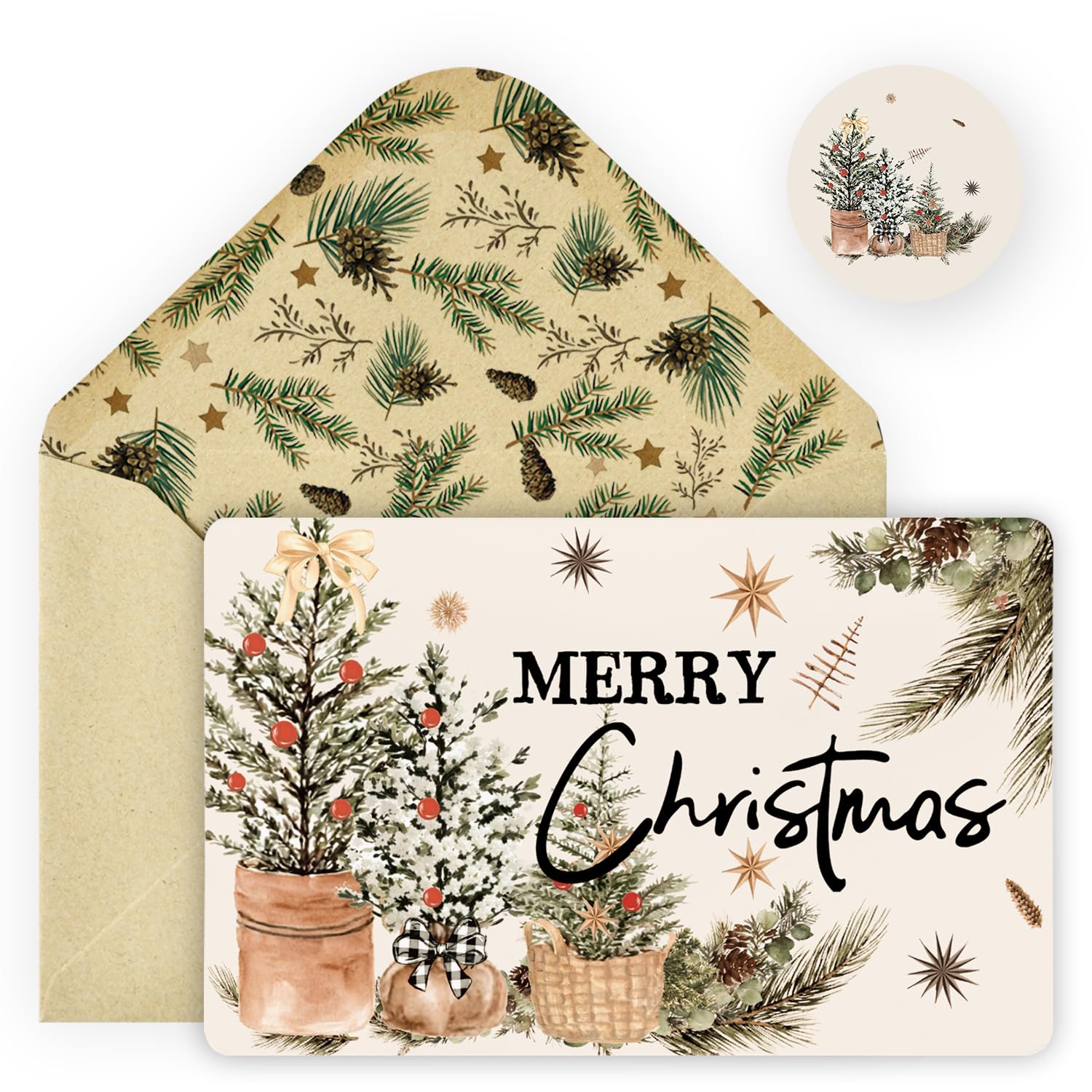 Artoid Mode 24 Pack Retro Basket Xmas Tree Merry Christmas Thank You Cards Gift With Envelope Sticker Blank Note Greeting Cards, 4 x 6 Inch