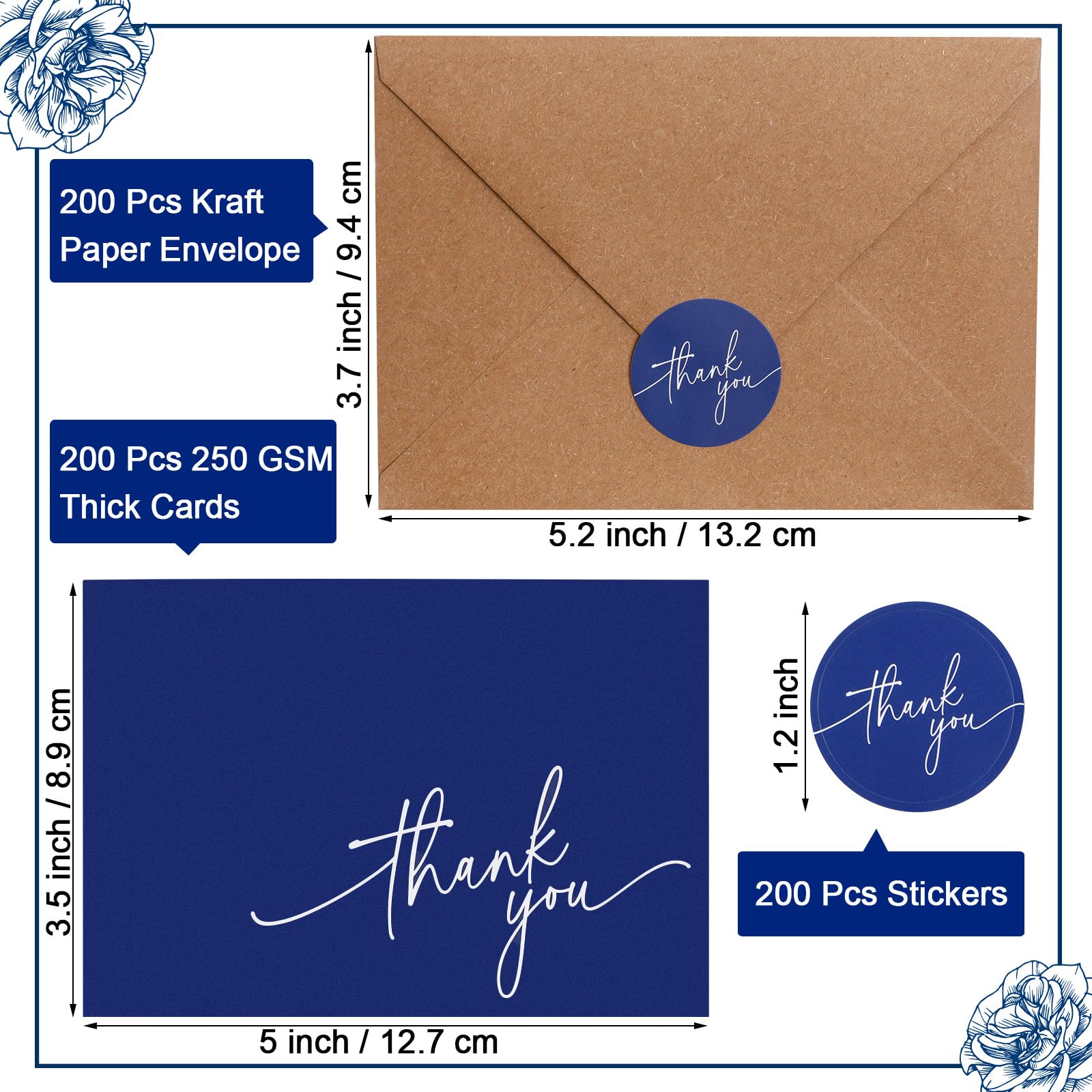Gueevin Lot de 200 cartes de remerciement vierges avec enveloppes en kraft et autocollants - 8,9 x 12,7 cm - Cartes de remerciement élégantes - Pour mariage, affaires, remise de diplôme, bébé, fête