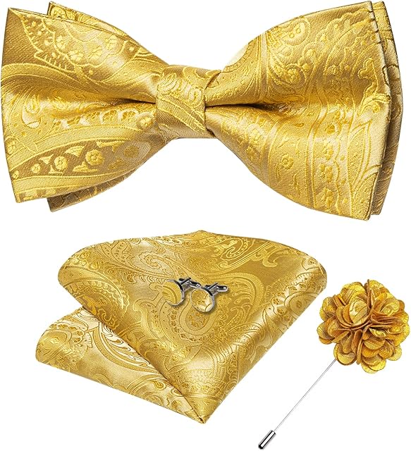 DiBanGu Silk Bow Tie for Men with Pocket Square Lapel Pin Cufflinks Self Tied Bowtie Set