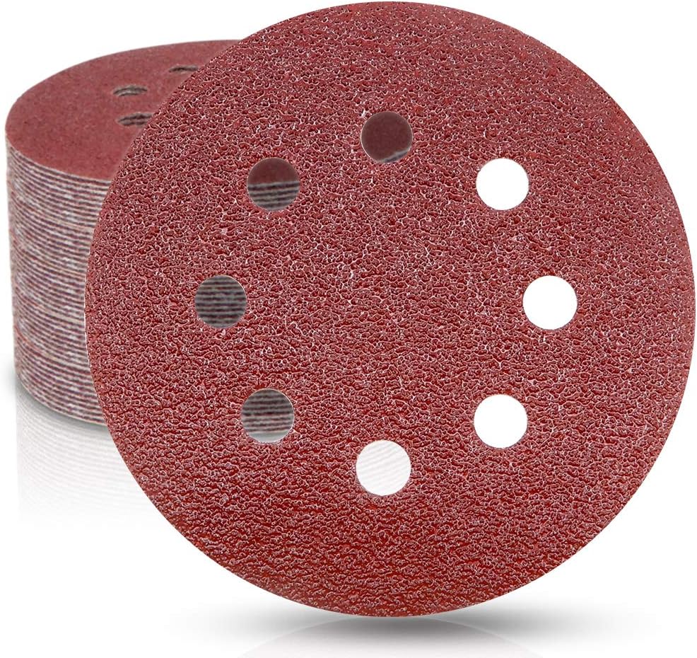 Maveek 50 Pieces Sanding Discs 8 Holes 40 Grit 5 Inch Hook and Loop Sandpaper Assortment for Random Orbital Sander