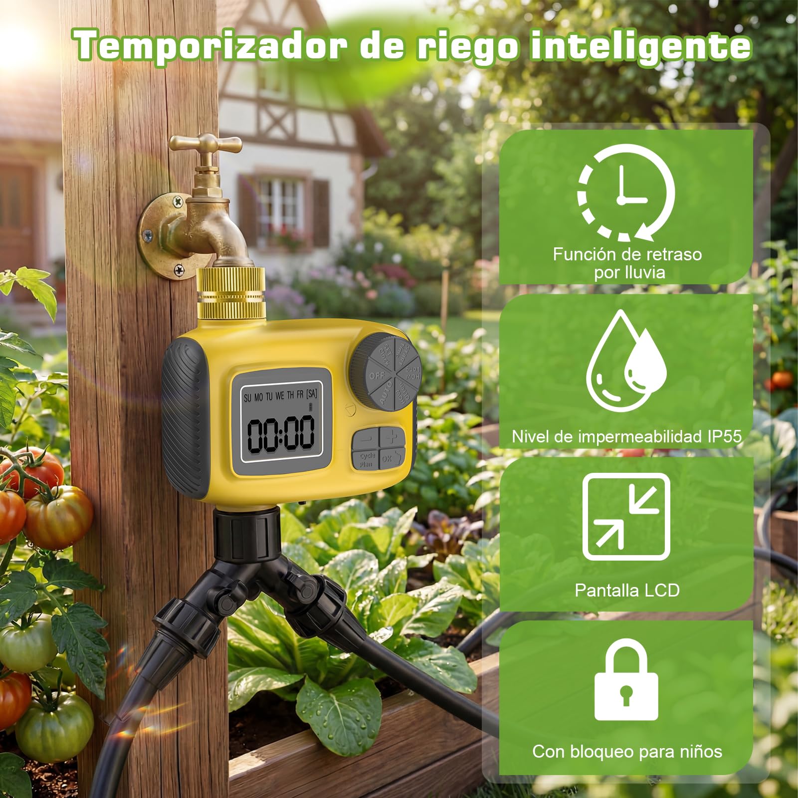 Kit Riego por Goteo con Programador Riego, 25M+25M Sistema de Riego por Goteo Accesorios Riego Goteo con Ajustable Boquilla Aspersor Pulverizador y Gotero Riego Automático para Jardín