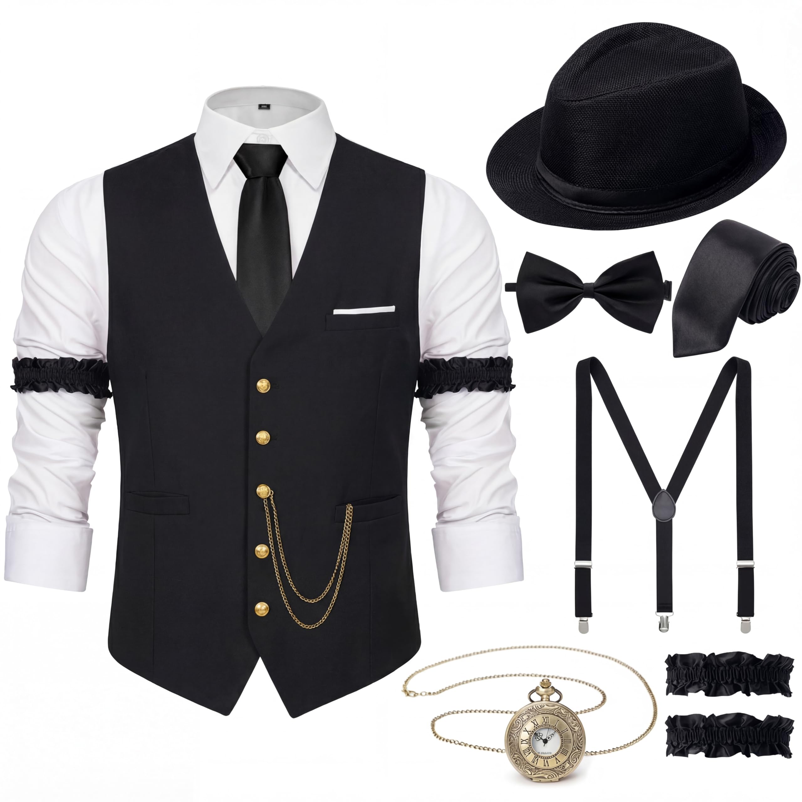 1920s Mens Costume Outfit, Roaring 20s Gatsby Accessories for Men, Vest Hat