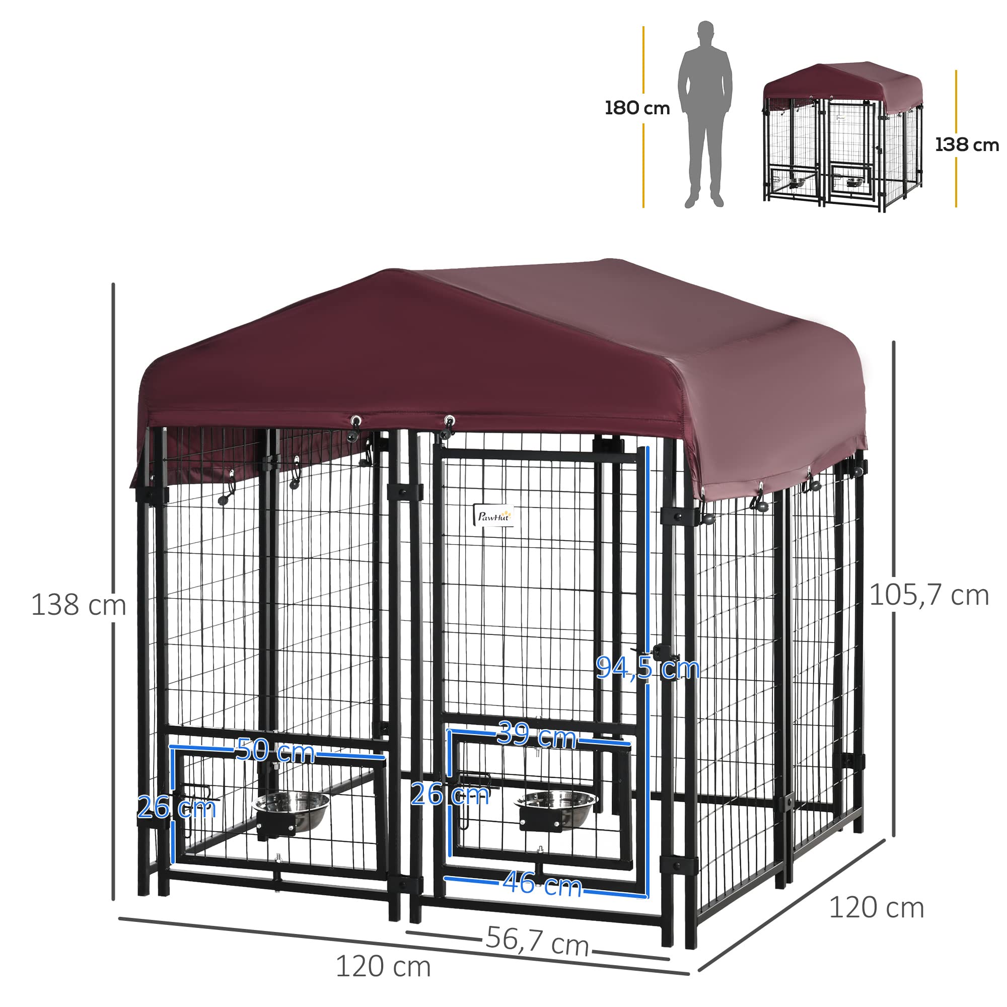 PawHut Chenil extérieur pour Chiens Parc à Chiot avec Toit en Tissu Oxford 120 x 120 x 138 cm