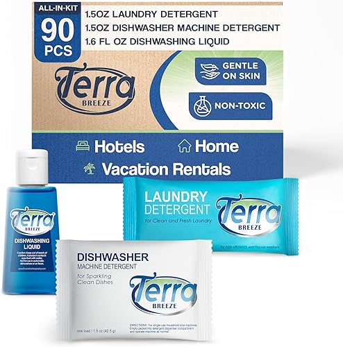 Detergente para ropa de viaje y jabón para platos | Terra Breeze 1-Shoppe Amenities Kit | Jabón de lavandería, jabón para platos | 90 piezas