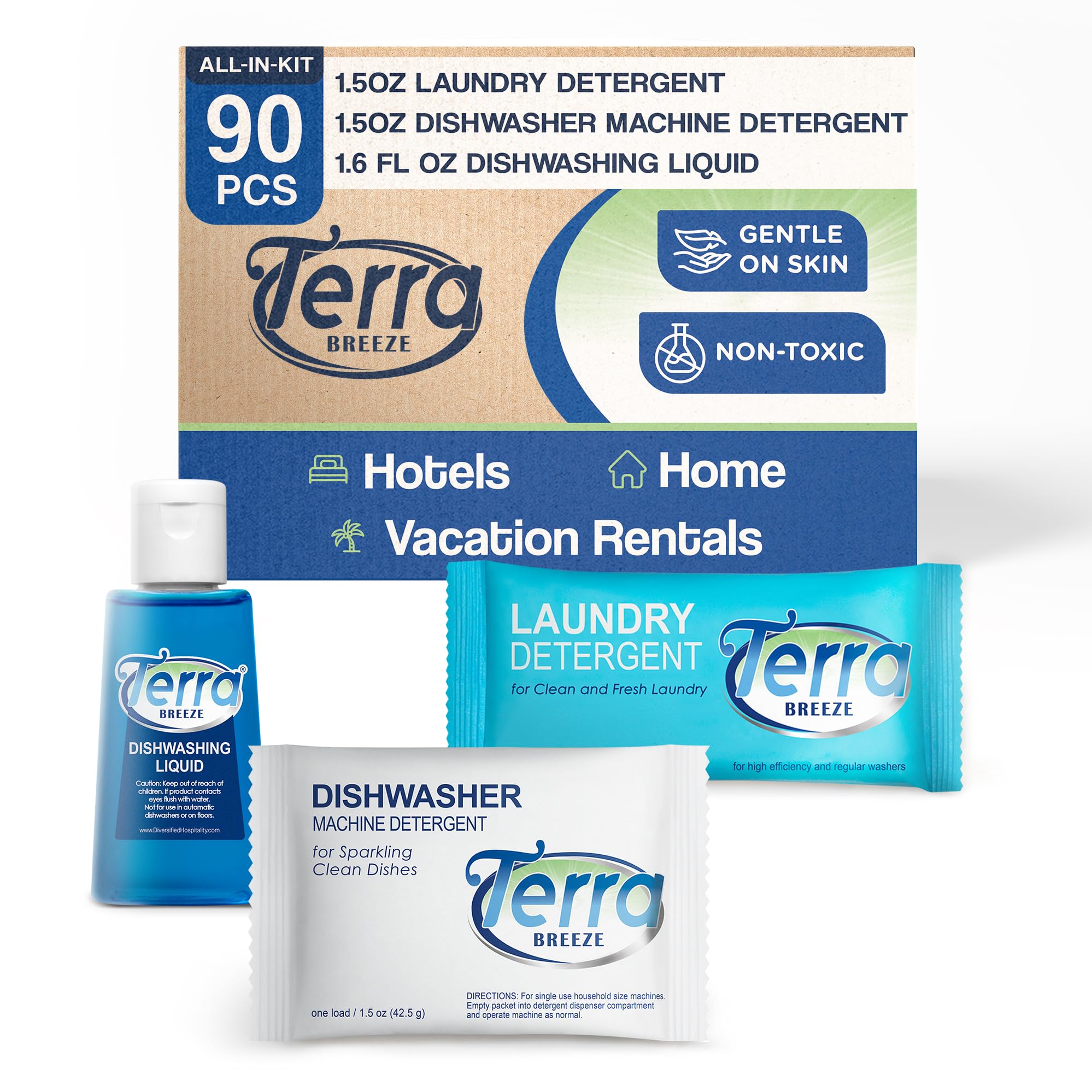 Terra Pure Travel Laundry Detergent & Dish Soap | Breeze 1-Shoppe All-In-Kit Bulk Hotel Size Amenities for AirBnB & Rentals | 90 Pcs