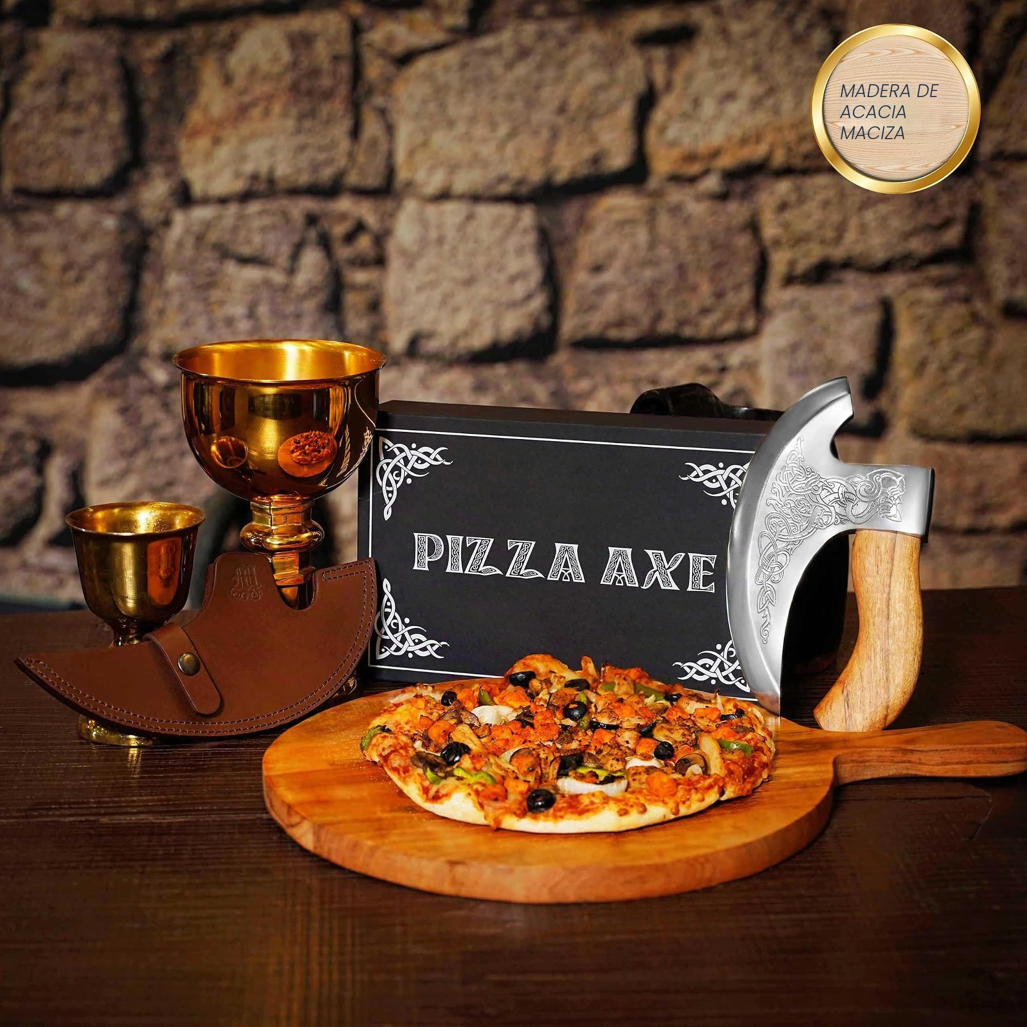 Mythrojan Pizza Axe Cortador de acero inoxidable premium con mango ergonómico y caja de madera, hoja resistente para cortar y picar pizza sin esfuerzo