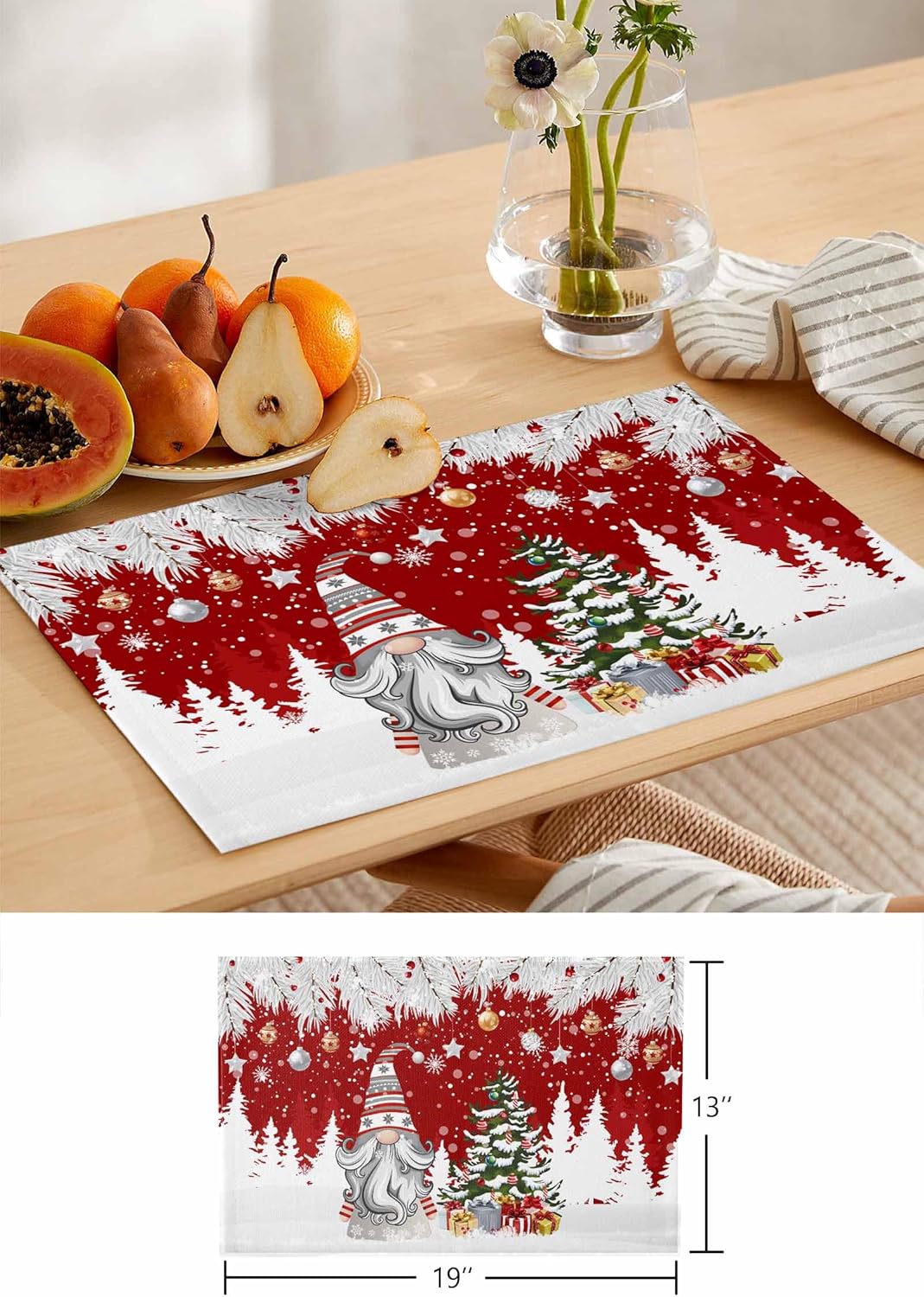 Christmas Table Runner with Placemats Set of 4, Cotton Linen Kitchen Dining Mats Long Table Cover 13"x90" Winter Silver Leaf Xmas Ball Snow Gnomes Table Mats Set for Living Room/Dresser/Dining