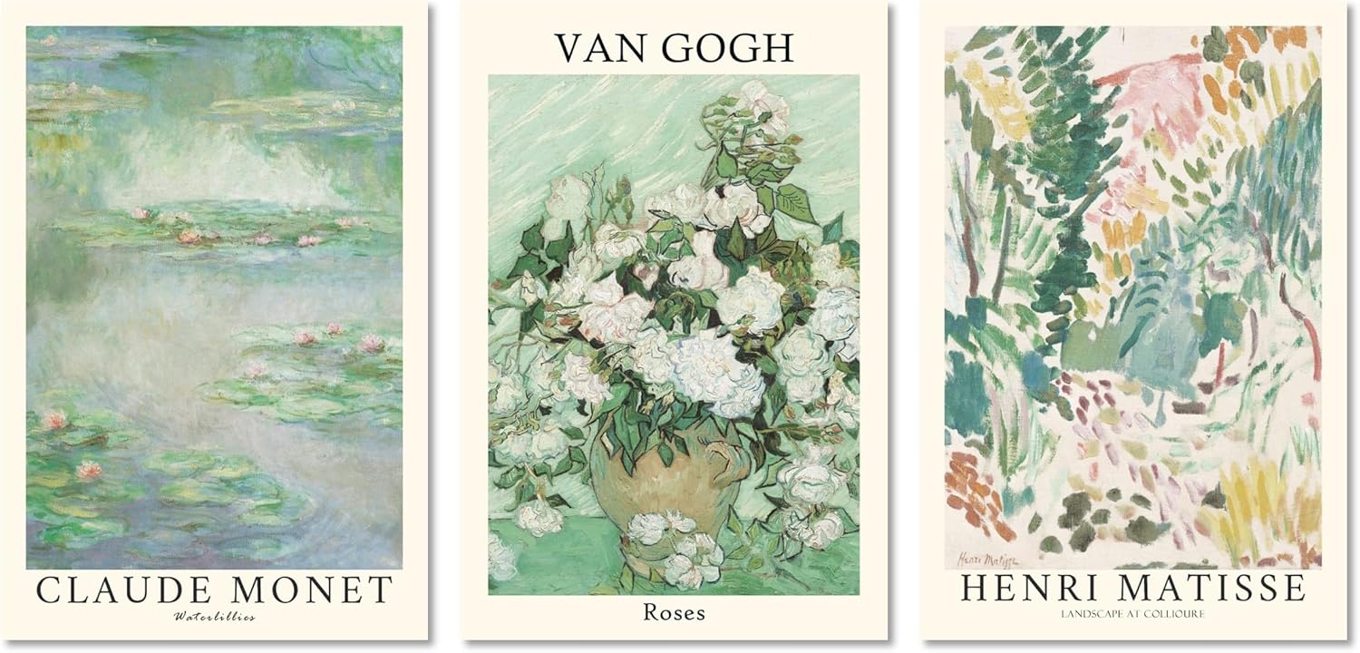 MINI ZOZI Sage Green Canvas Wall Art 16X24 Set Of 3 Matisse Van Gogh Monet Flower Prints Wall Decor Large Mid Century Modern Aesthetic Over Bed Poster Painting Master Bedroom Living Room…