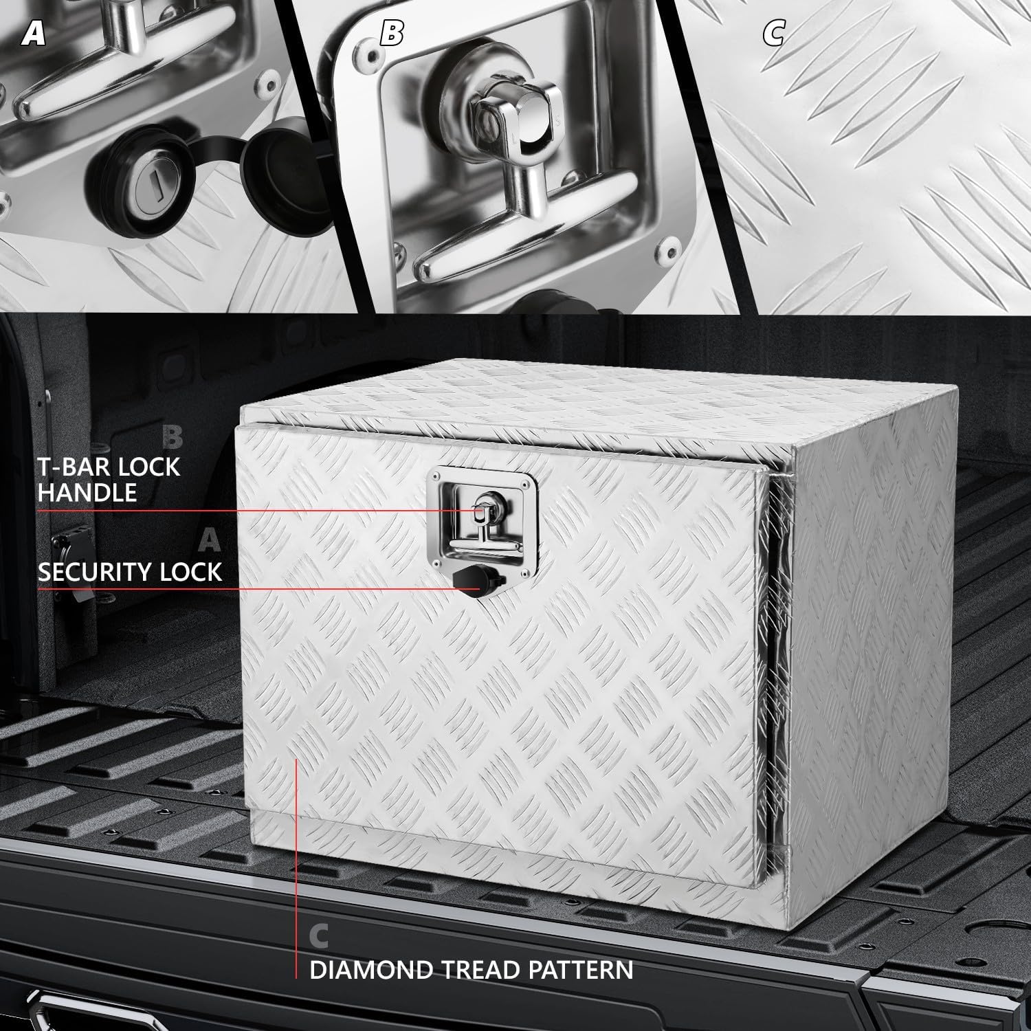 DNA MOTORING Truck Tool Box Lockable Storage Box, Truck Bed Tool Box Truck Bed Organizer Aluminum Truck Tool Boxes for Bed of Truck, w/Lock & Keys, 24"L X 18"D X 17.7"H Silver, TBOX-T5-003-ALU