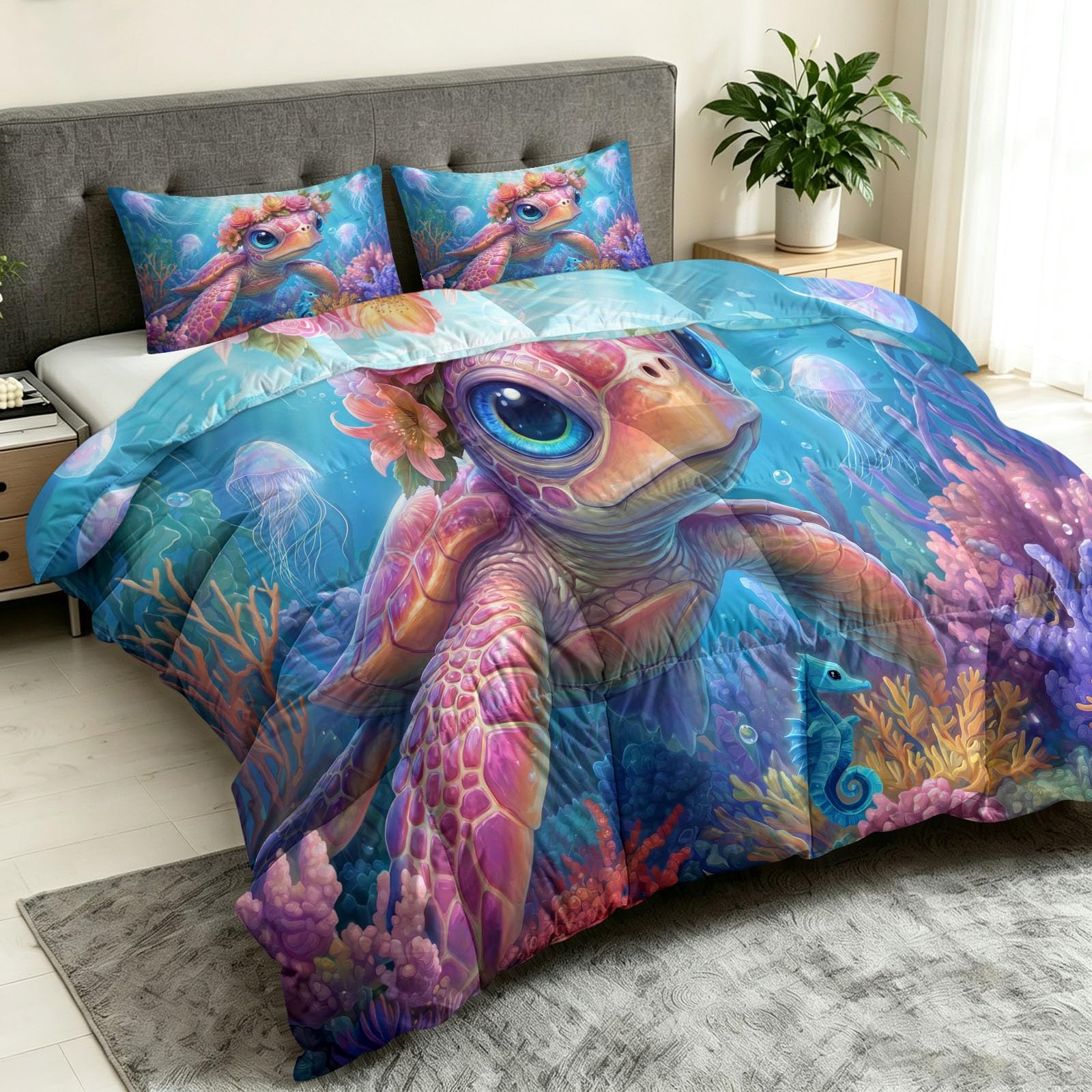 Sommerdecke ohne bezug 155x220 cm Blau Cartoon Tier Blumen Antiallergisch Leichtsteppbett & Ganzjahresdecke - Waschbar mit 2 Kissenbezügen Meeresschildkröte Blumenkranz Weiche und Atmungsaktive Wende