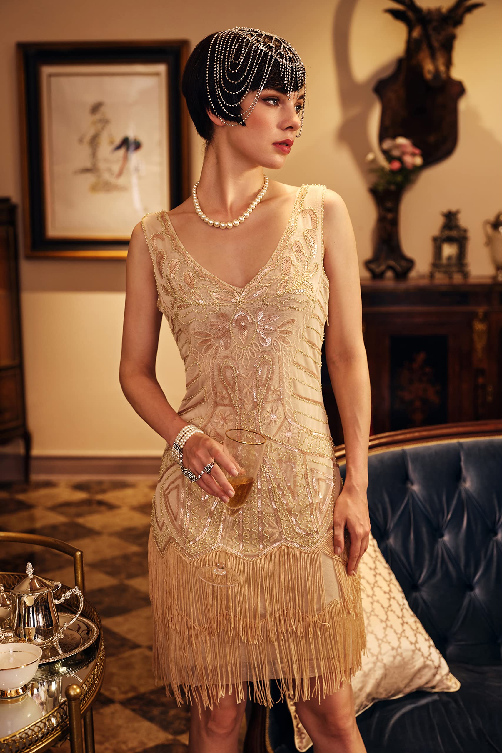 BABEYOND Damen Retro 1920er Stil Flapper Kleider mit Zwei Schichten Troddel V Ausschnitt Great Gatsby Motto Party Kostüm Kleider
