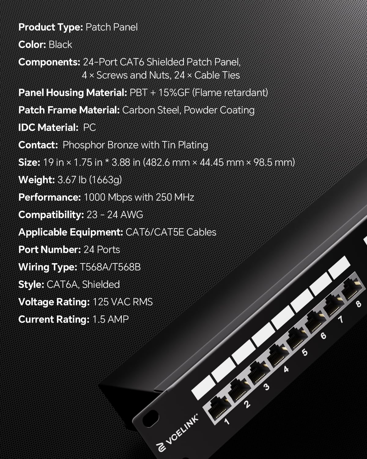 VCELINK Pannello Patch CAT6 24 Porte Schermato Rack 19" 1U RJ45, 250MHz | Banda passante 250MHz conforme standard EIA/TIA 568A&B, trasmissione 1G stabile senza interferenze