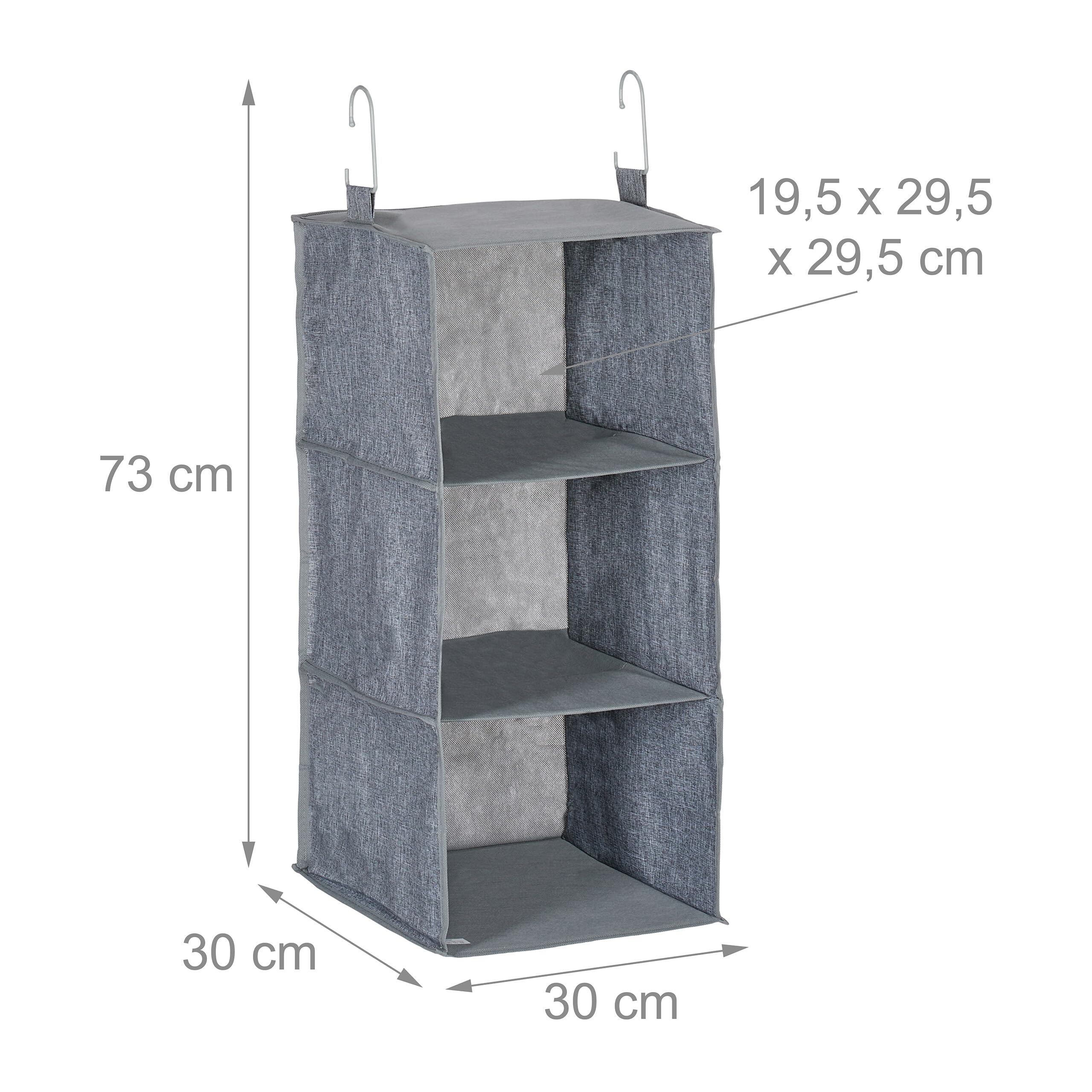 Relaxdays Set 2 Organizadores Colgantes Armario, 3 Compartimentos, Tela, 73x30x30 cm, 2 Ganchos, Almacenaje Burro, Gris | Dimensiones: 73 x 30 x 30 cm, 2 ganchos cada uno